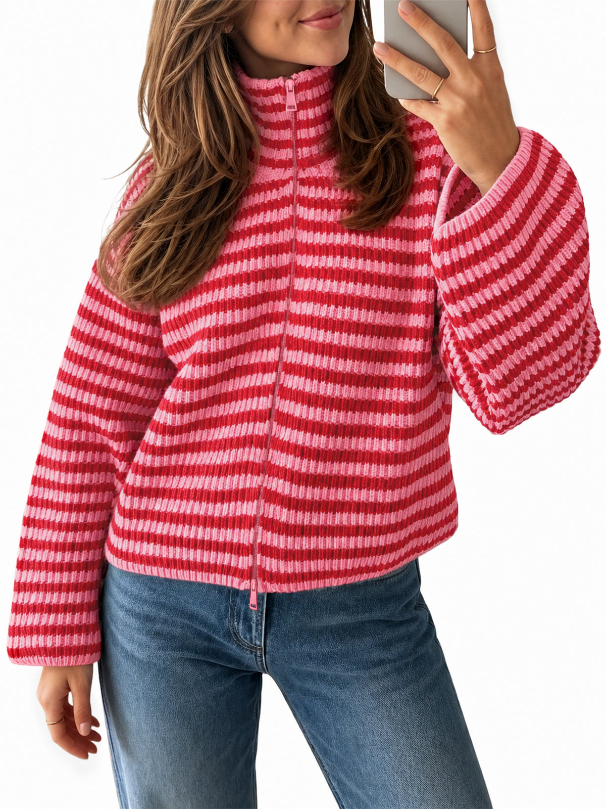 usvara Womens Striped Zip Knit Cardigan
