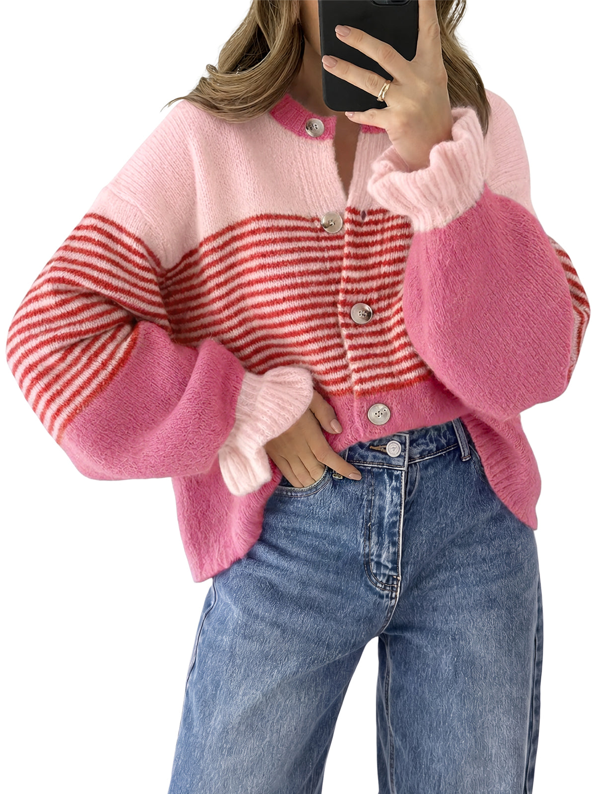usvara Womens Striped Ruffle Sleeve Cardigan Coats