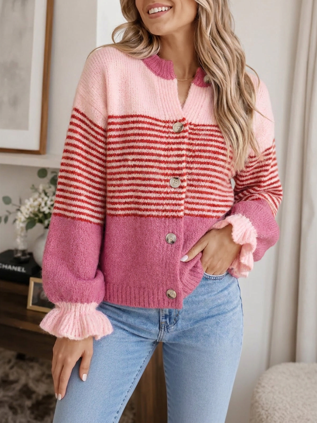 usvara Womens Striped Ruffle Sleeve Cardigan Coats