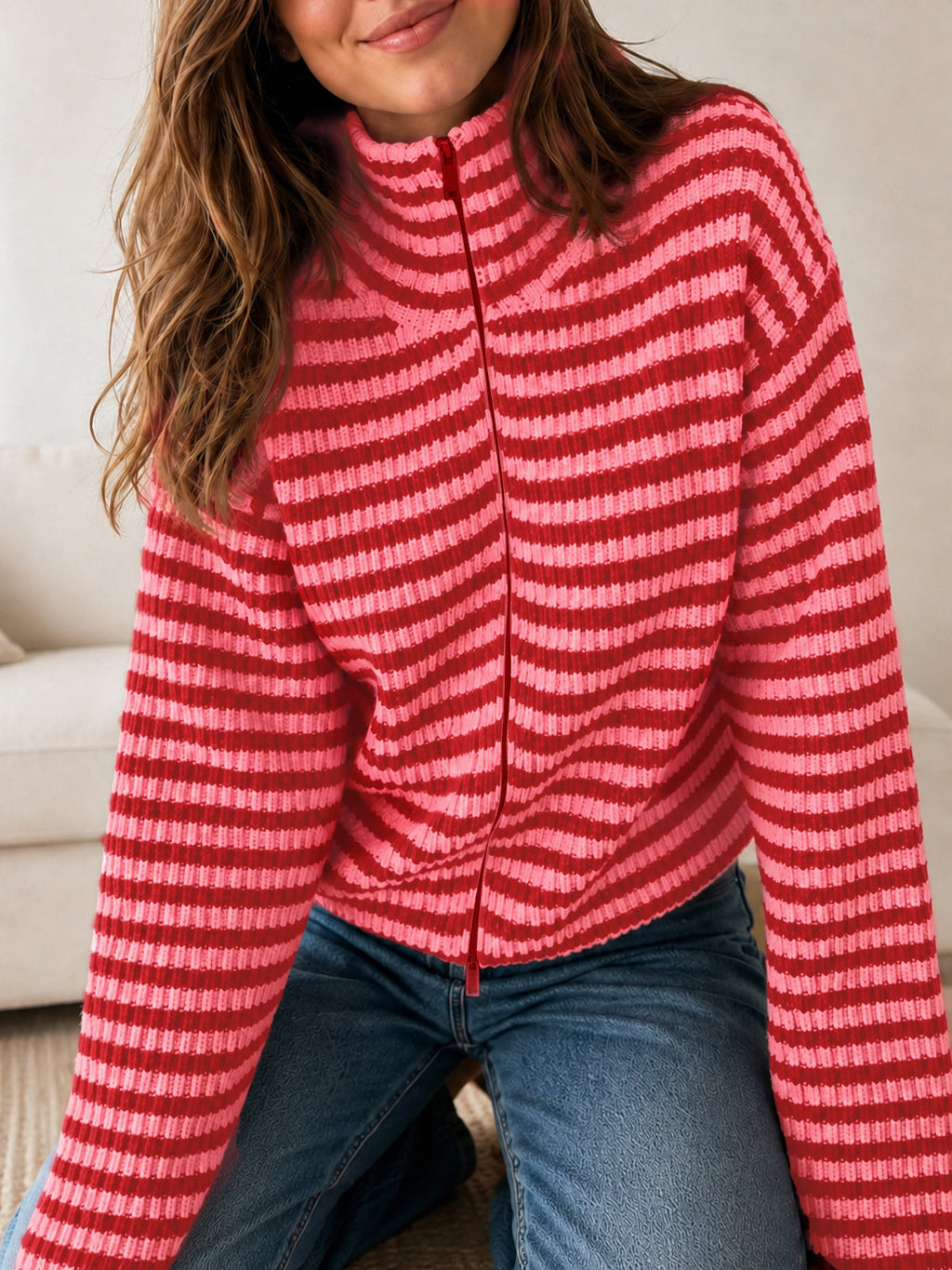 usvara Womens Striped Zip Knit Cardigan