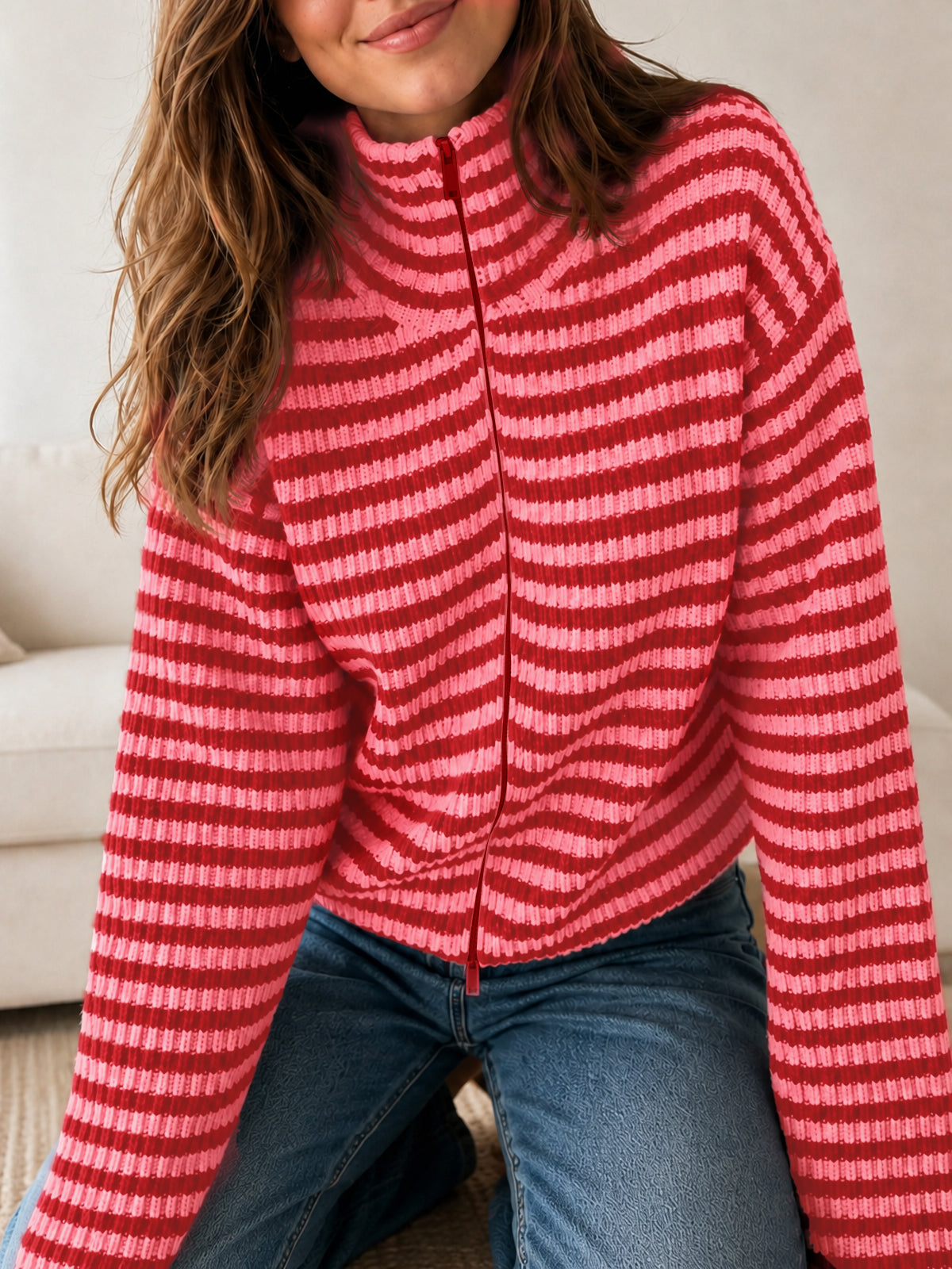 usvara Womens Striped Zip Knit Cardigan