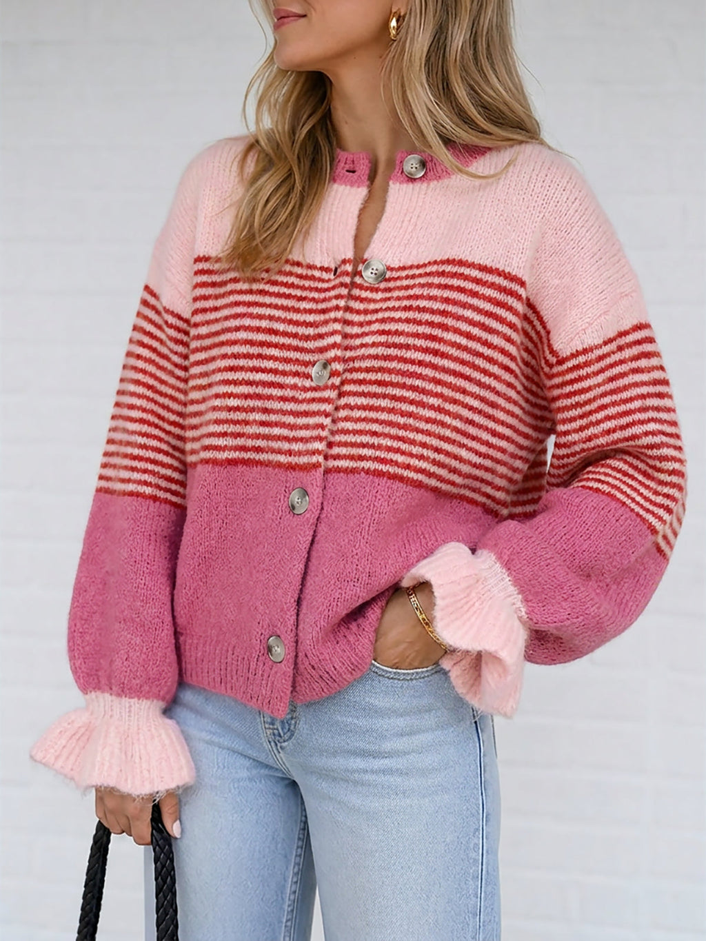 usvara Womens Striped Ruffle Sleeve Cardigan Coats