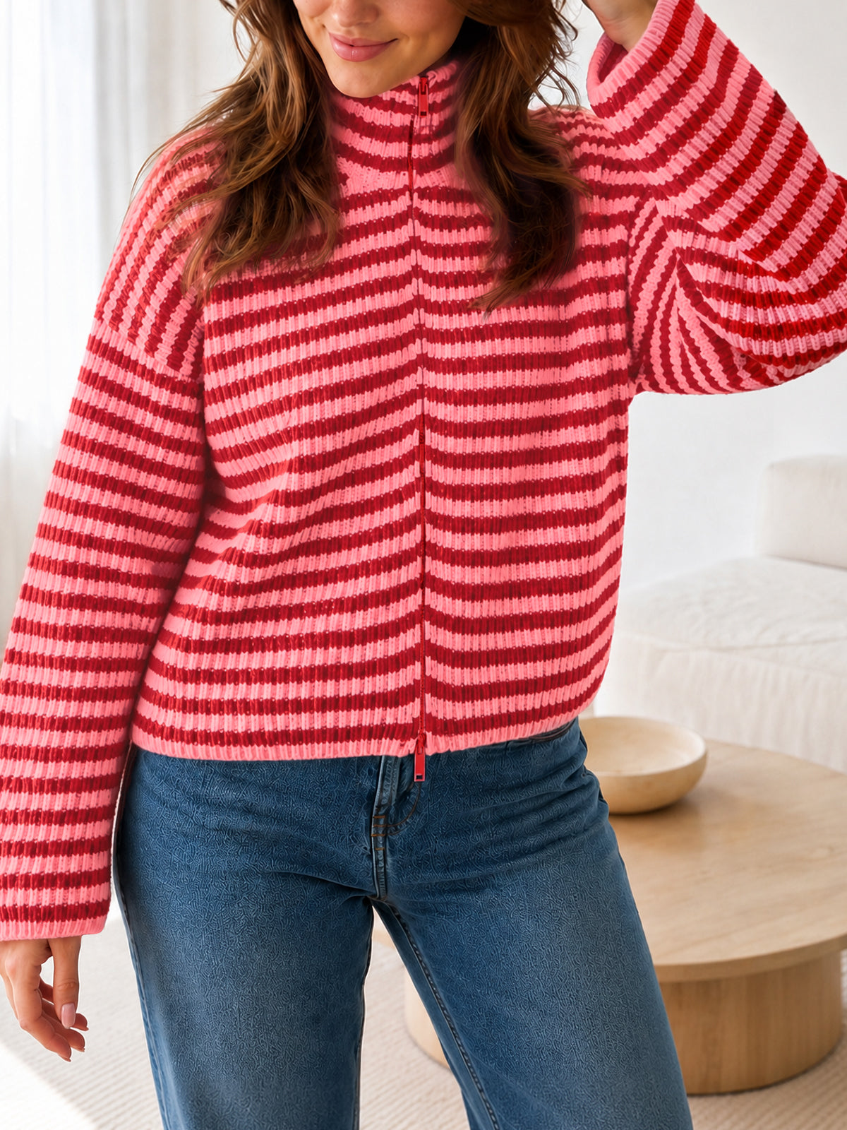 usvara Womens Striped Zip Knit Cardigan