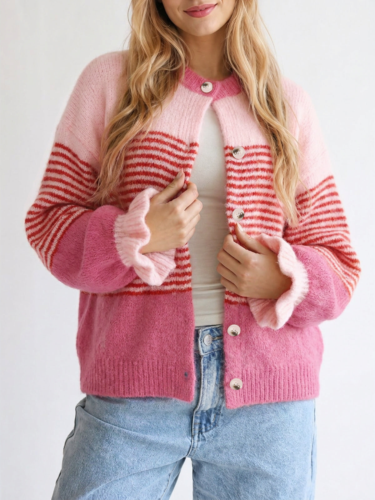 usvara Womens Striped Ruffle Sleeve Cardigan Coats