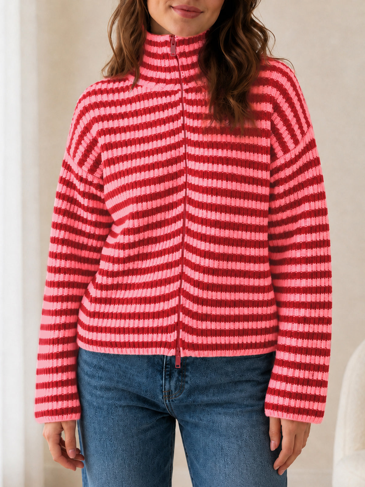 usvara Womens Striped Zip Knit Cardigan