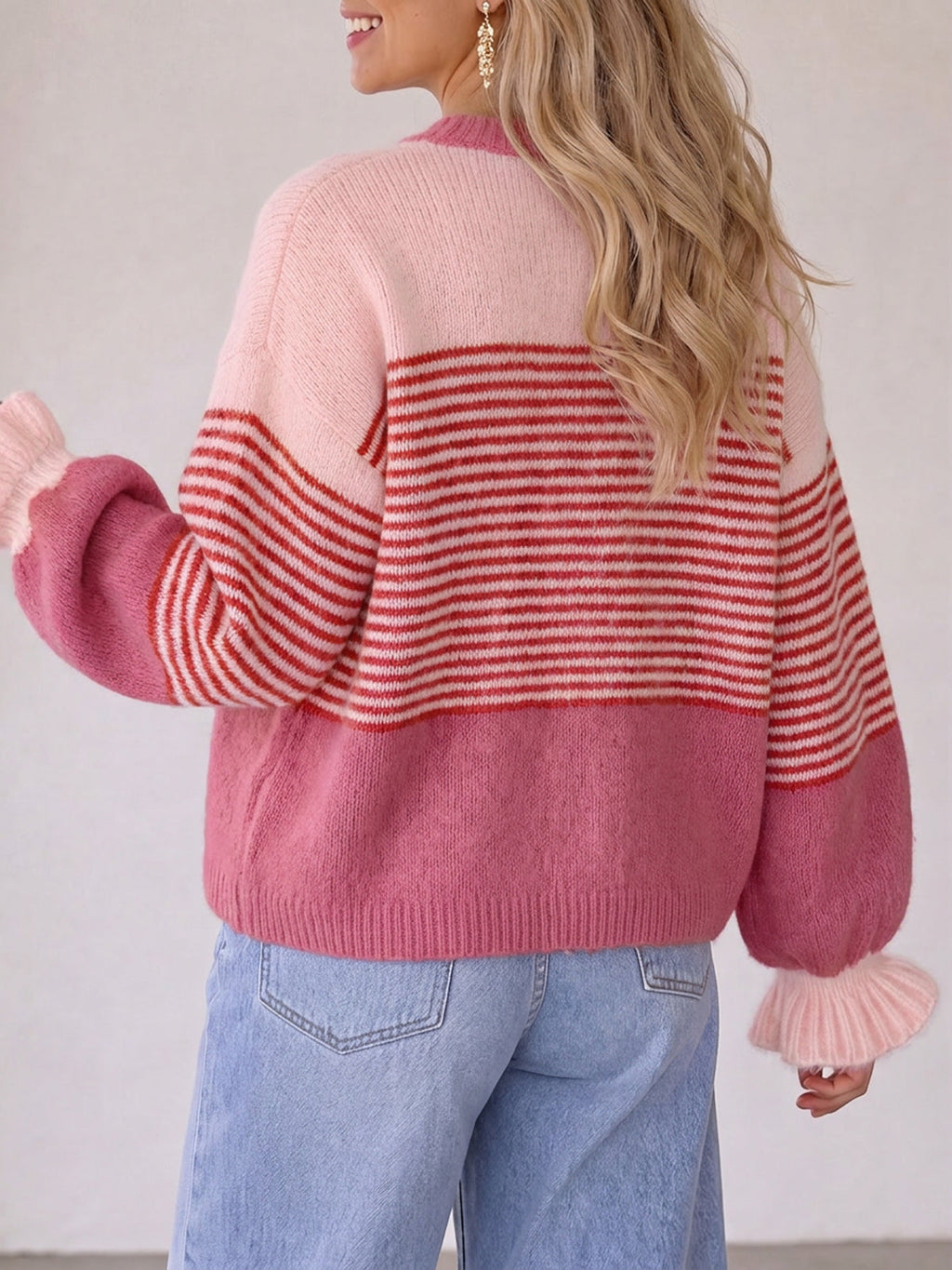 usvara Womens Striped Ruffle Sleeve Cardigan Coats