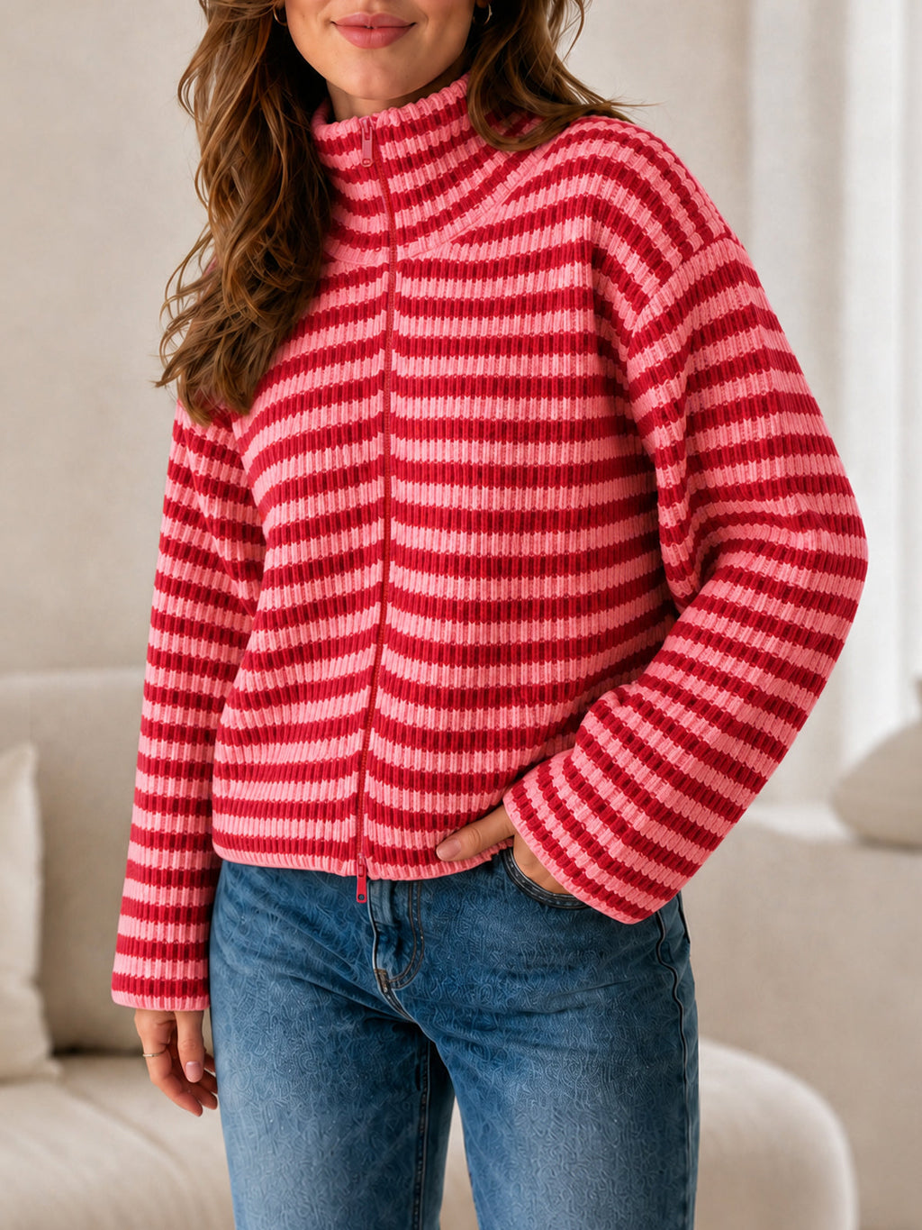 usvara Womens Striped Zip Knit Cardigan