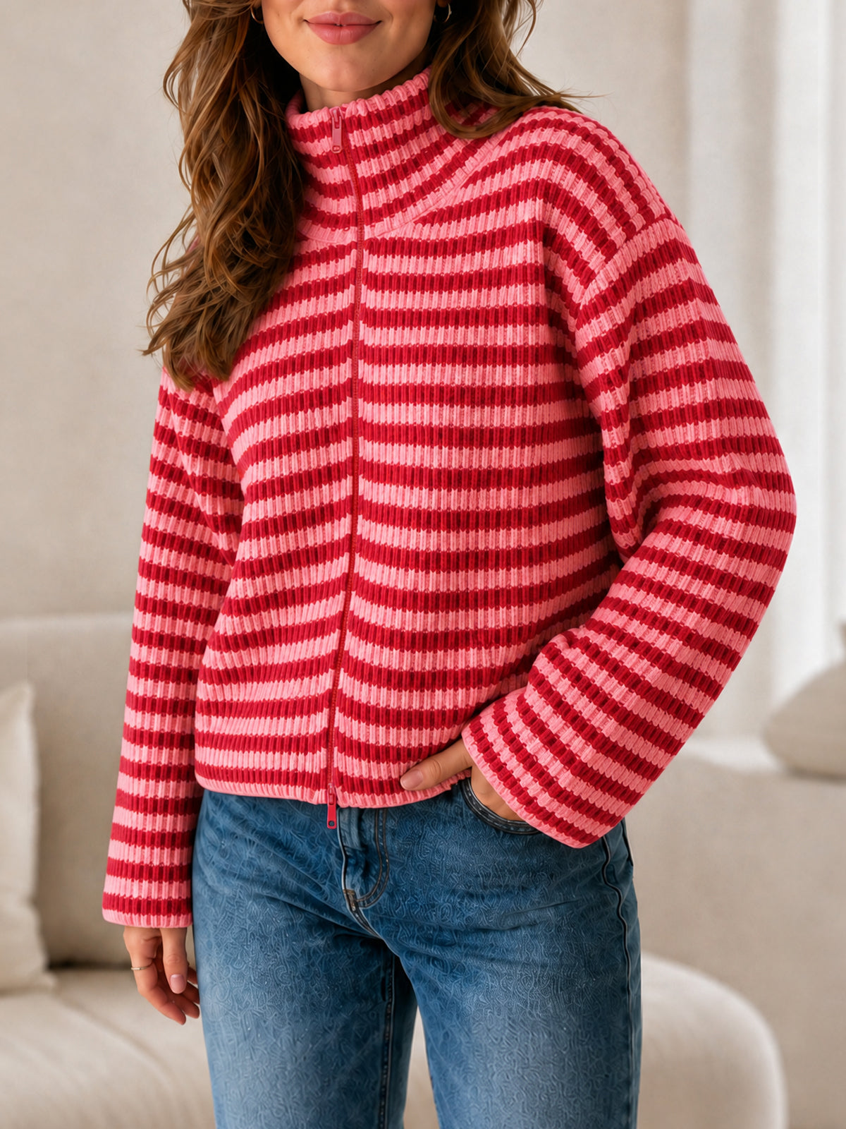 usvara Womens Striped Zip Knit Cardigan