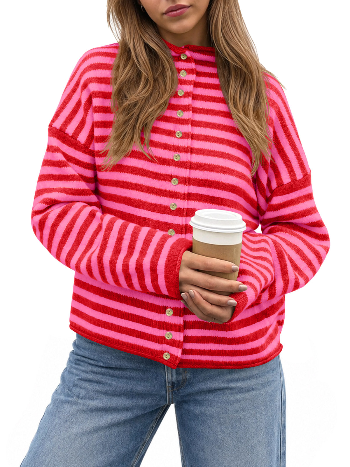 usvara Womens Striped Mock Neck Cardigan