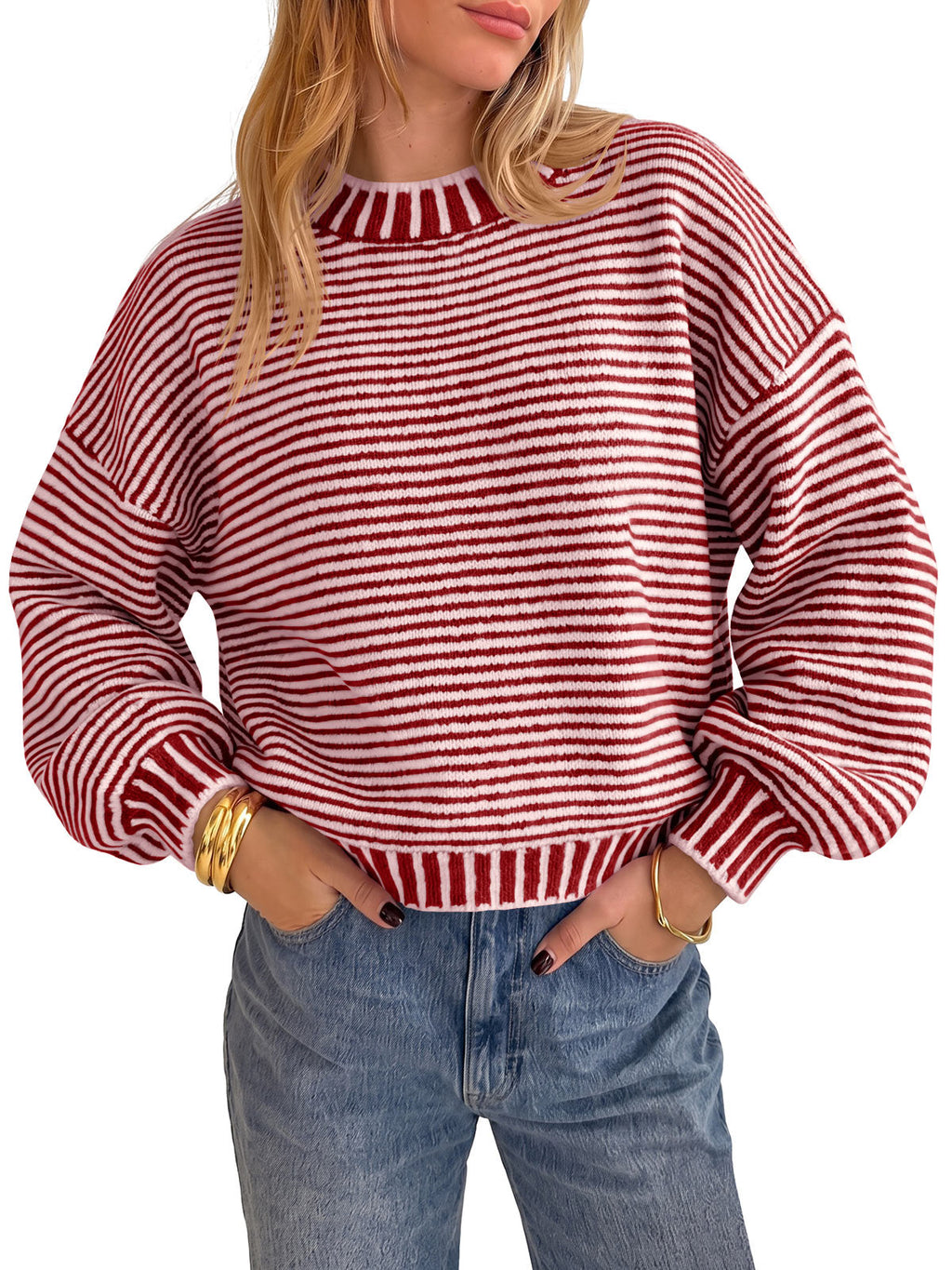 usvara Womens Striped Crew Neck Knit Sweater