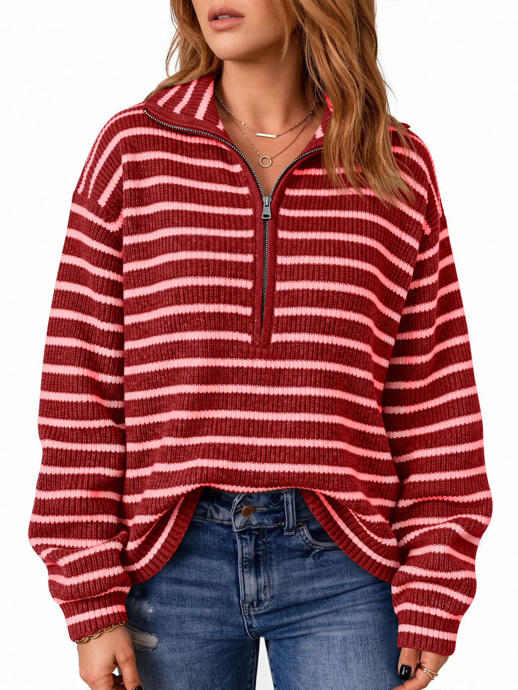 usvara Womens Striped Half Zip Sweater
