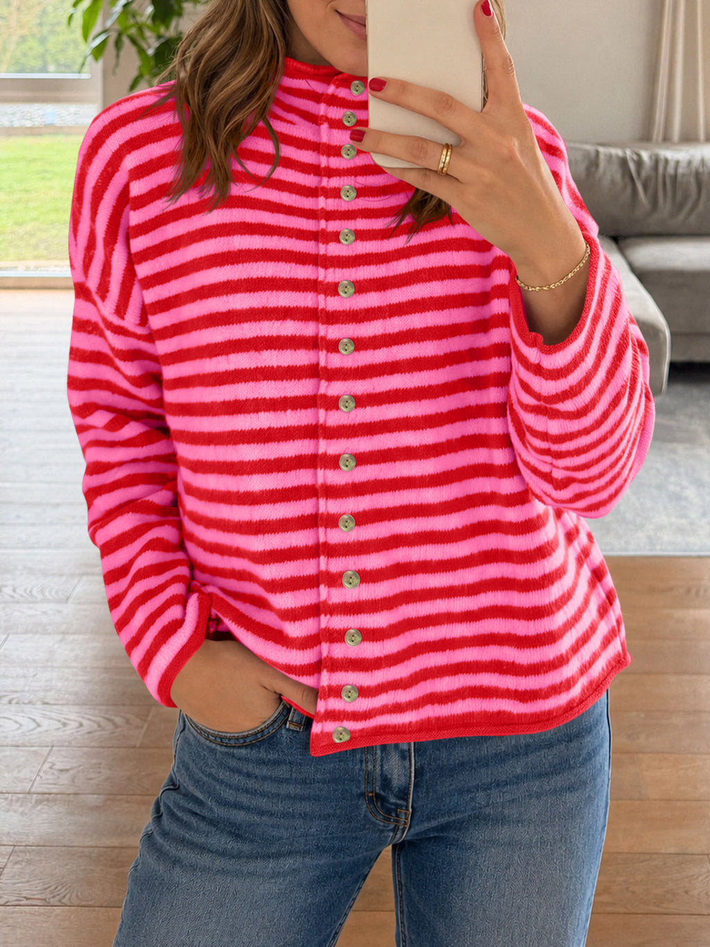 usvara Womens Striped Mock Neck Cardigan