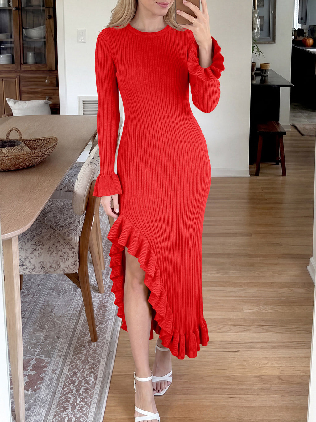 usvara Womens Bell Sleeve Ruffle Sweater Dress