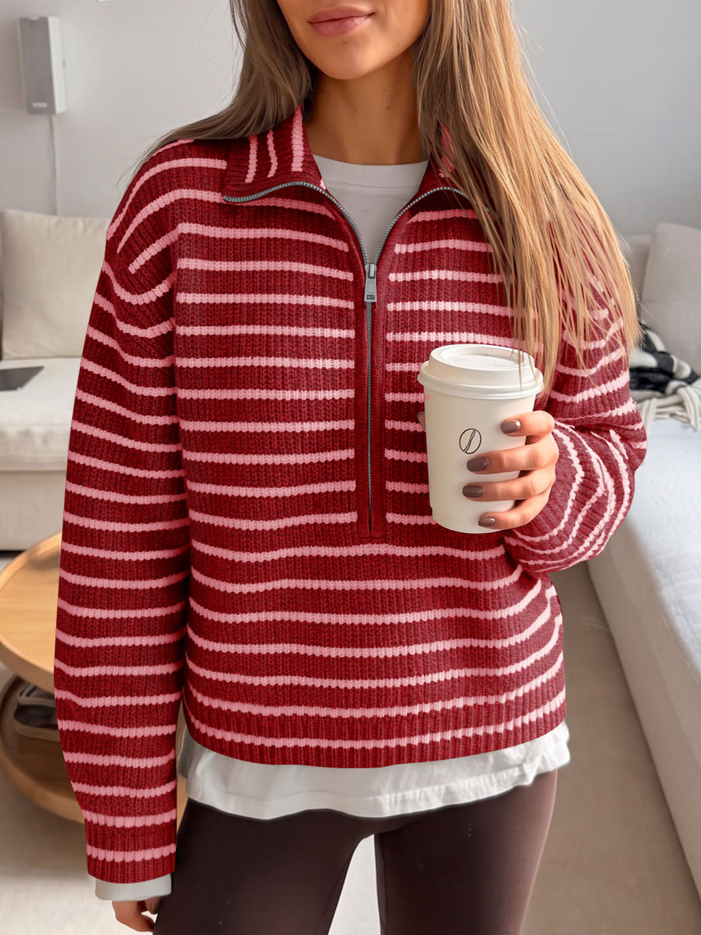usvara Womens Striped Half Zip Sweater