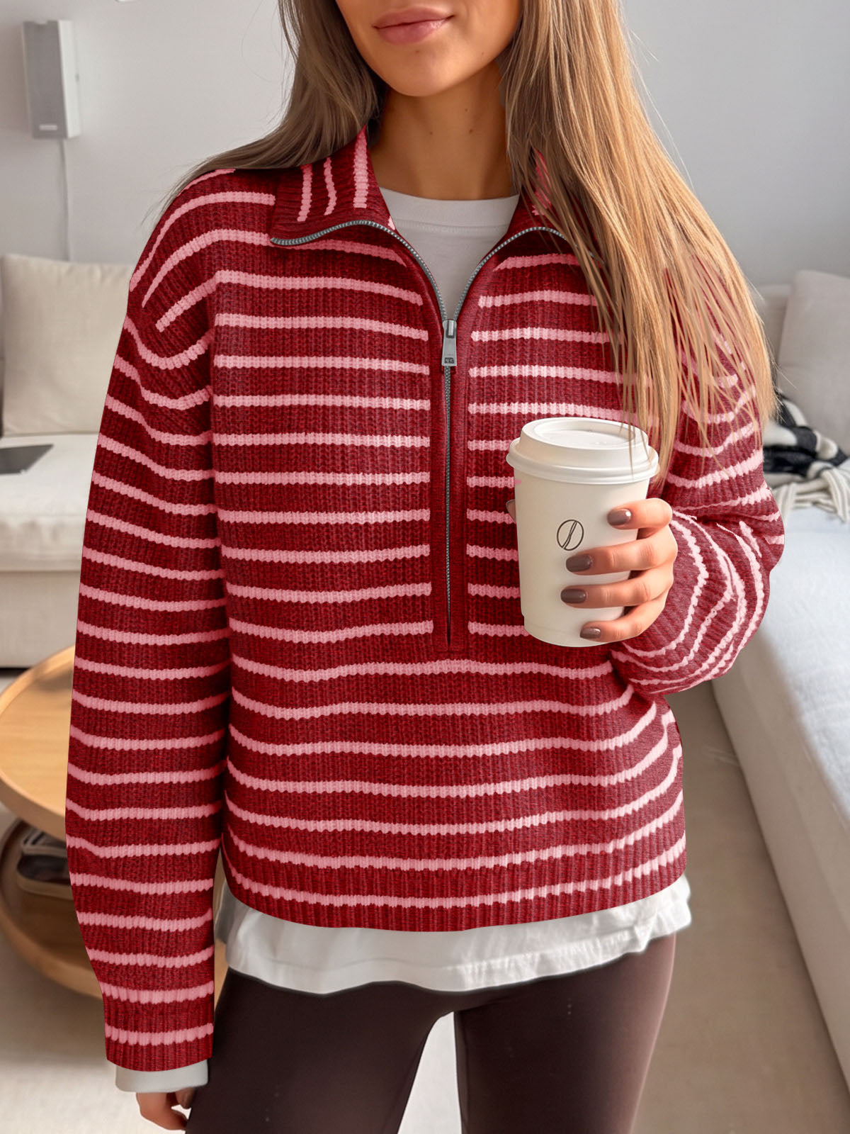 usvara Womens Striped Half Zip Sweater