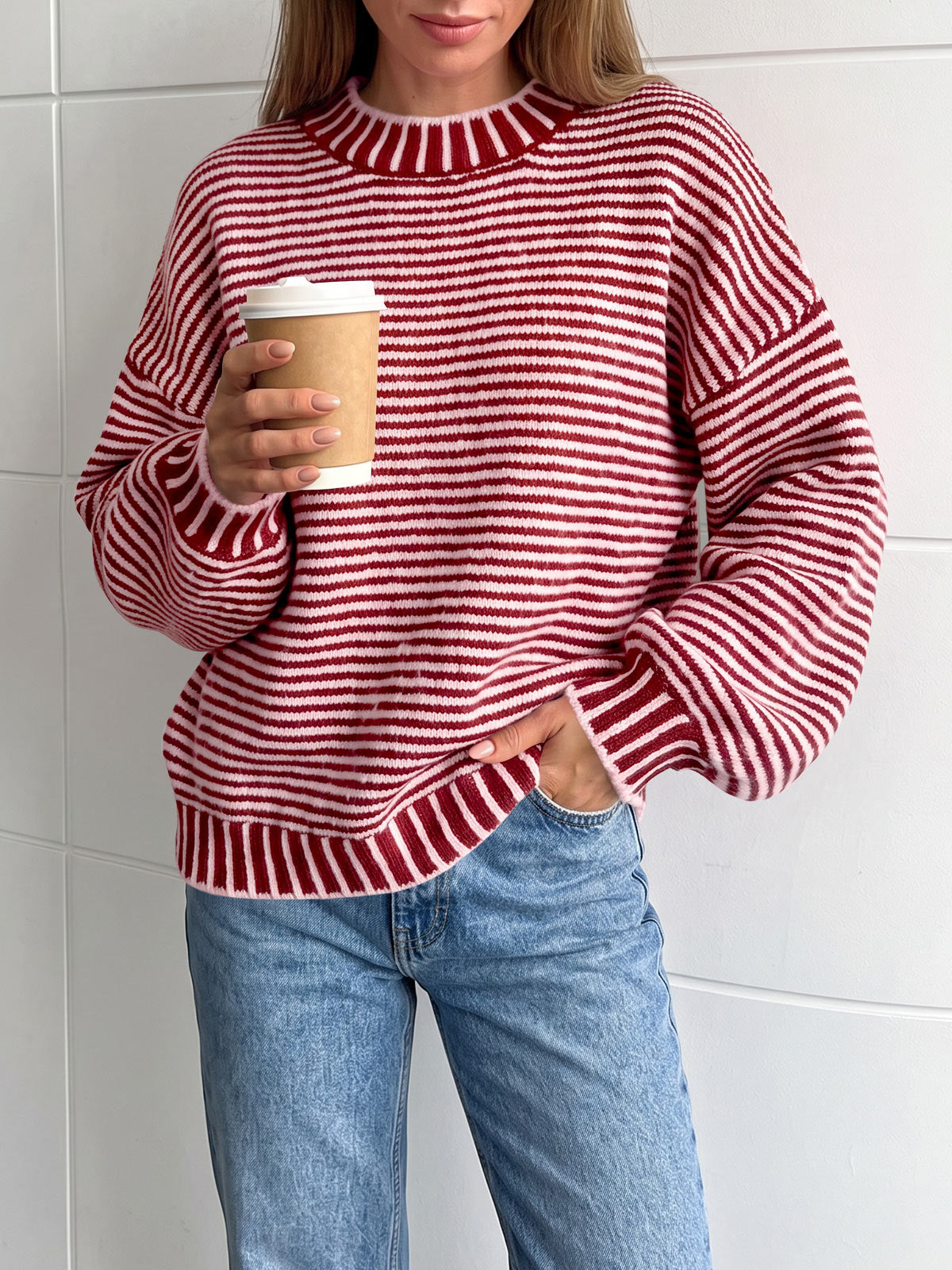 usvara Womens Striped Crew Neck Knit Sweater