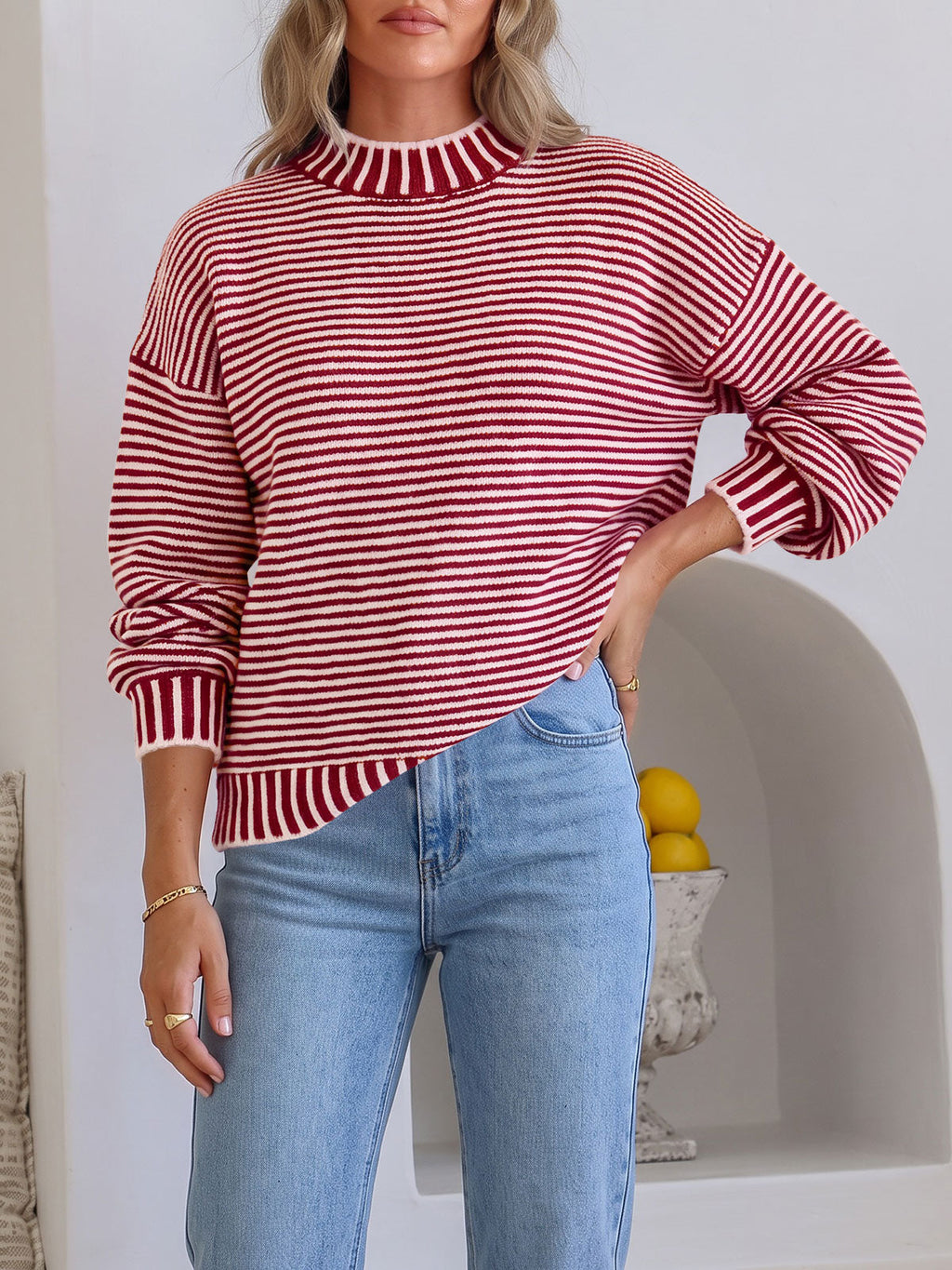 usvara Womens Striped Crew Neck Knit Sweater