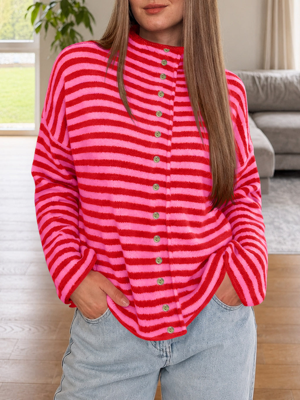 usvara Womens Striped Mock Neck Cardigan