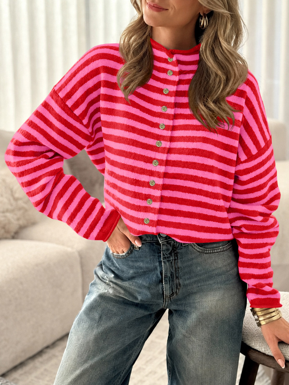 usvara Womens Striped Mock Neck Cardigan