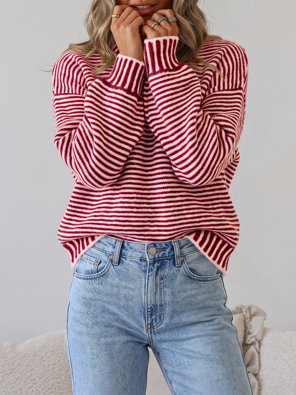 usvara Womens Striped Crew Neck Knit Sweater