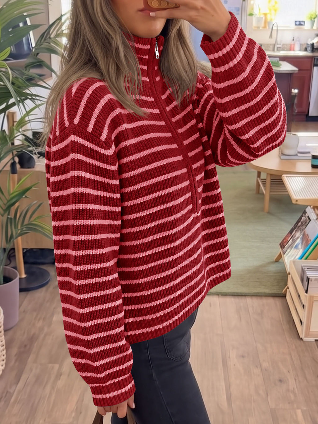 usvara Womens Striped Half Zip Sweater