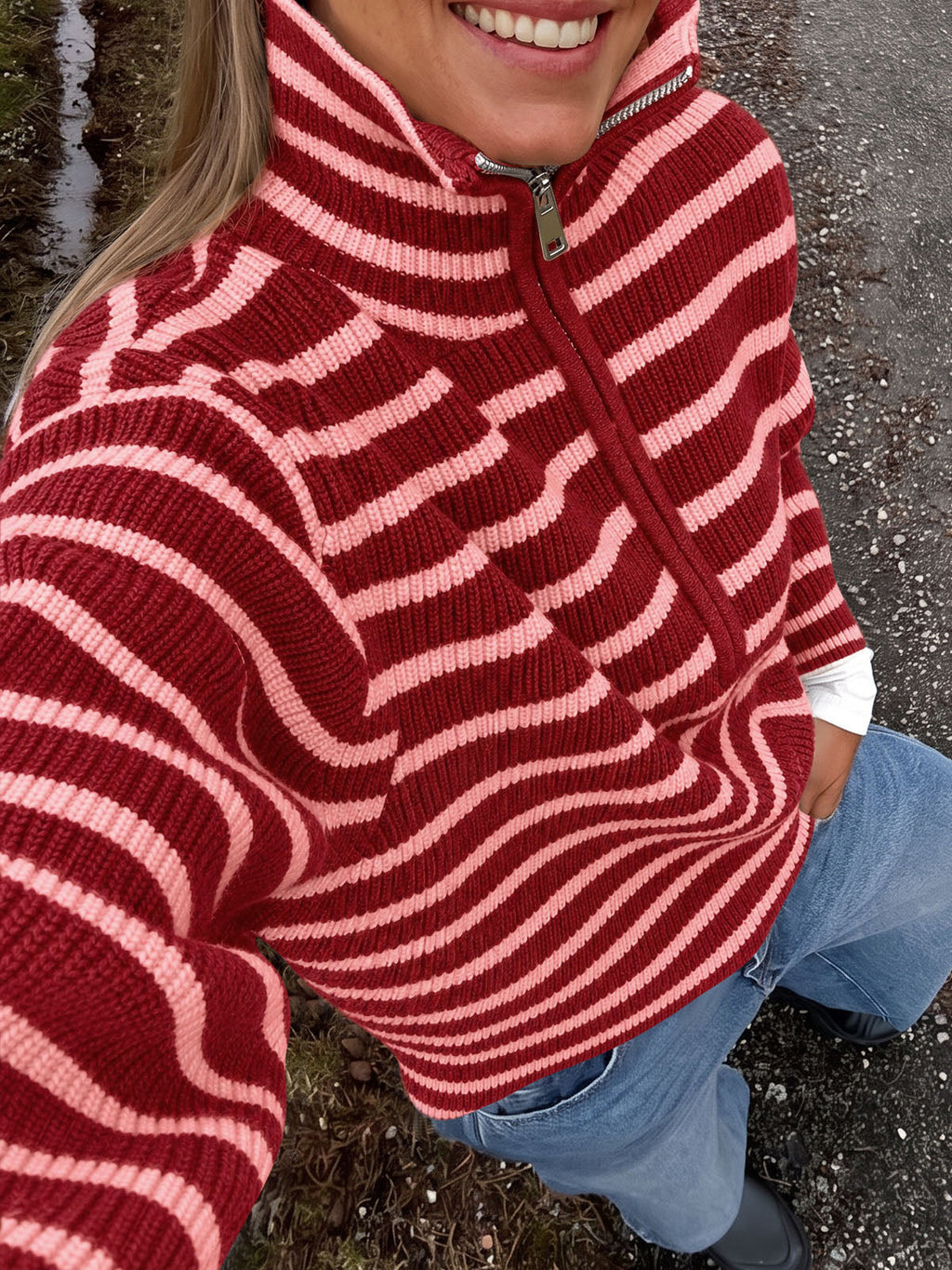 usvara Womens Striped Half Zip Sweater