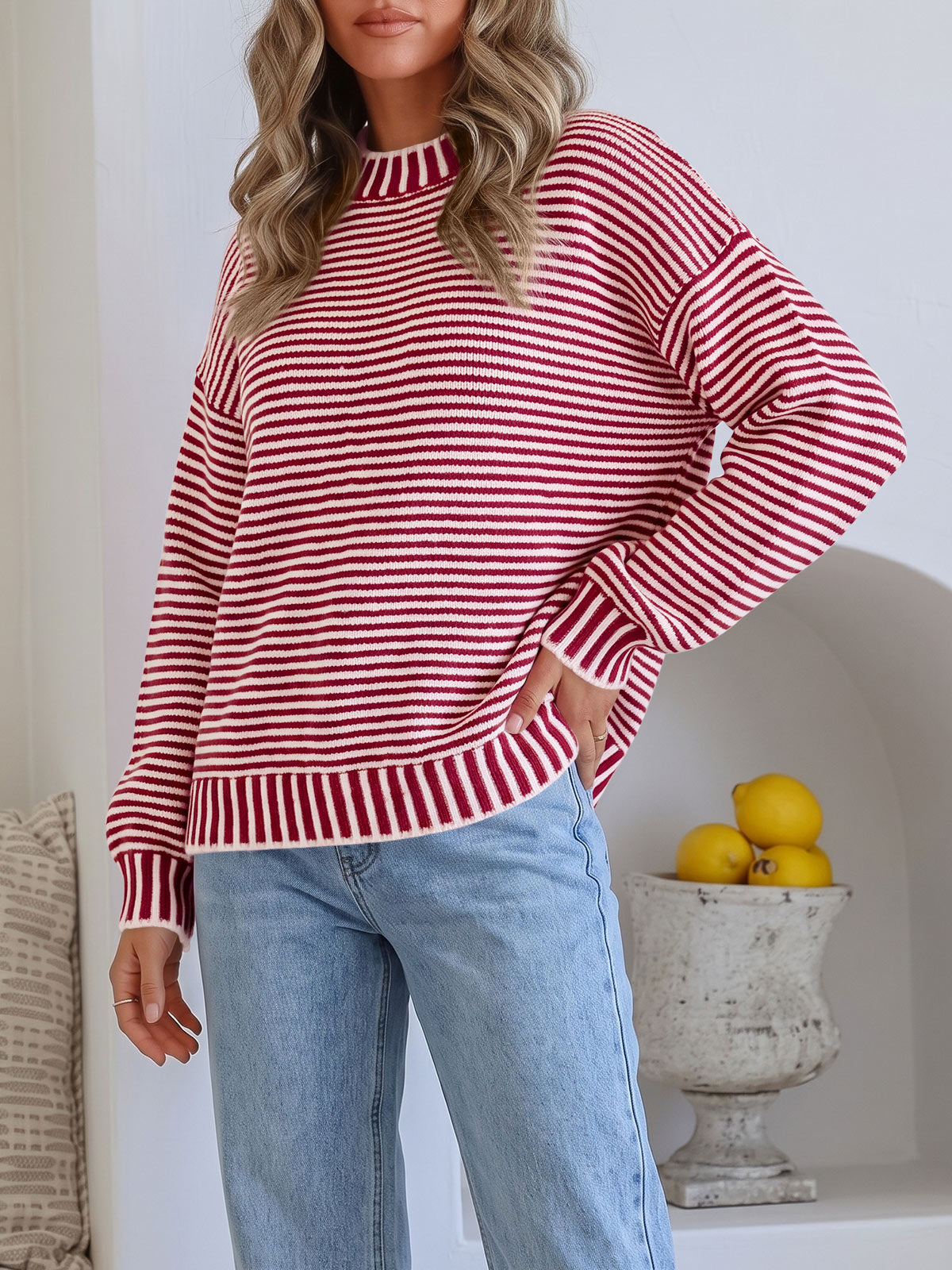 usvara Womens Striped Crew Neck Knit Sweater