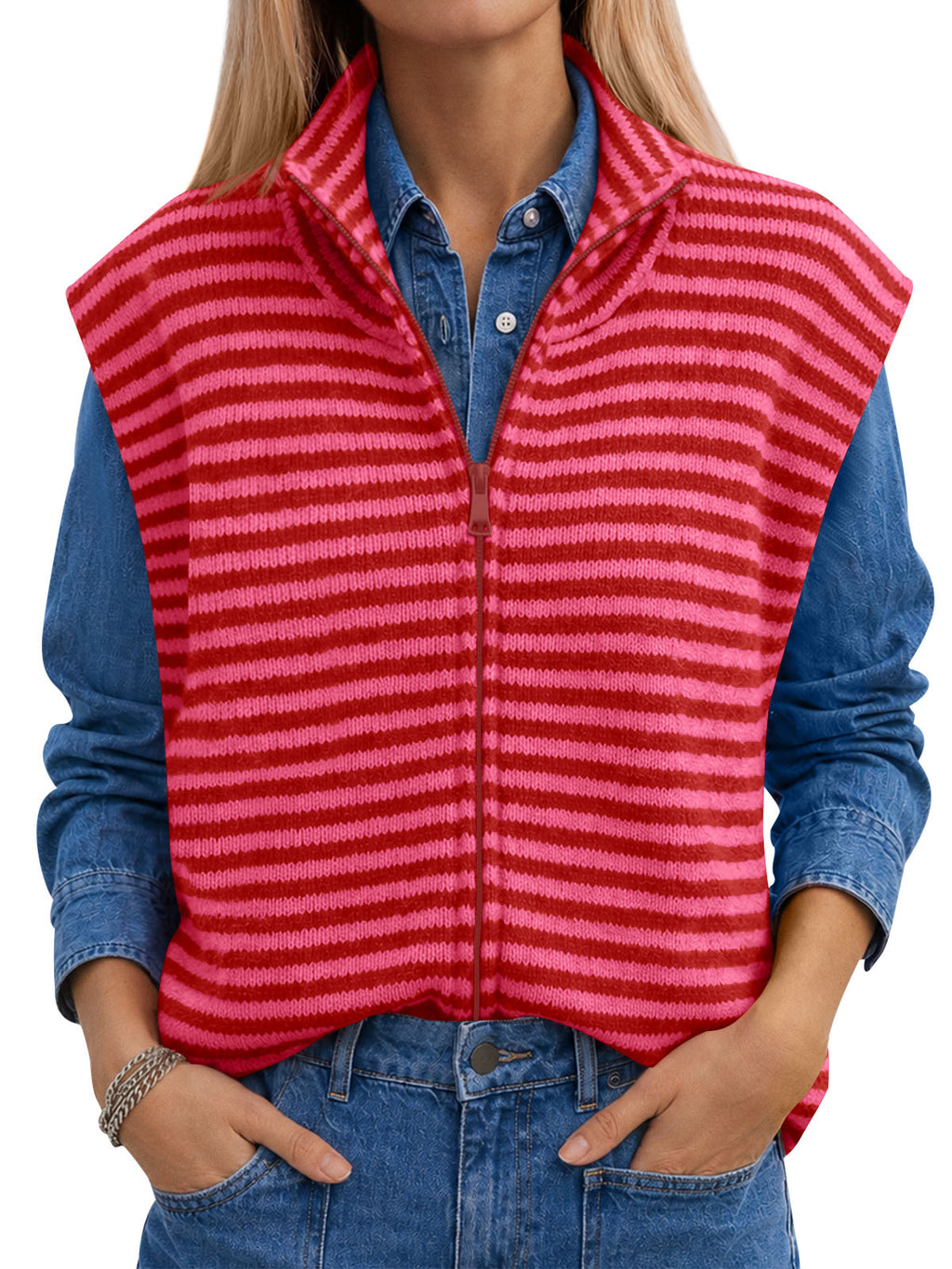 usvara Women Striped Zip Up Knit Cardigan