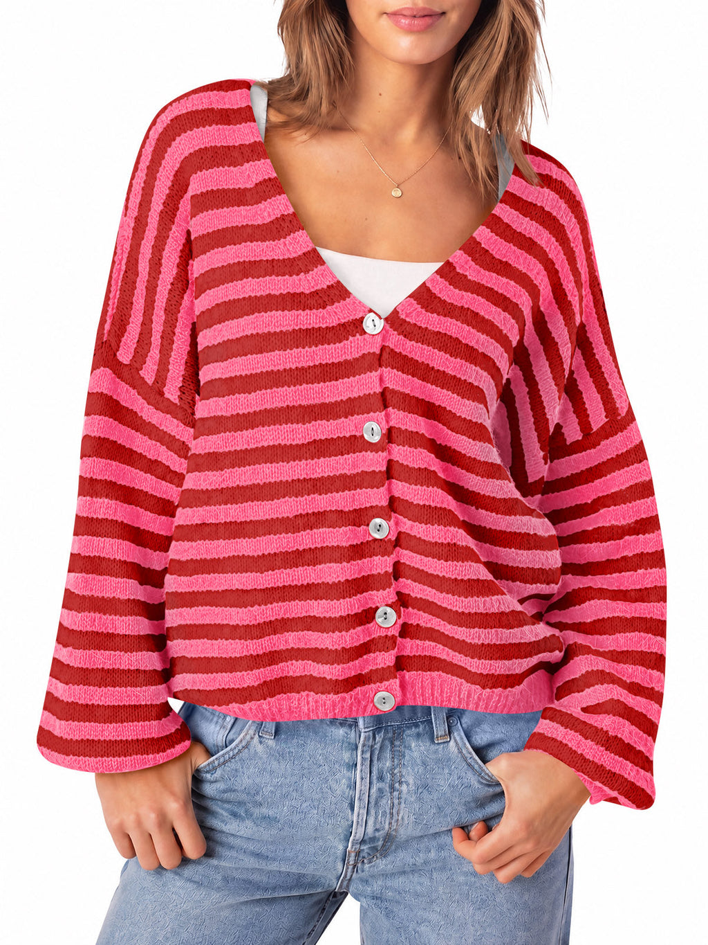 usvara Women Striped V-Neck Knit Cardigan Sweater