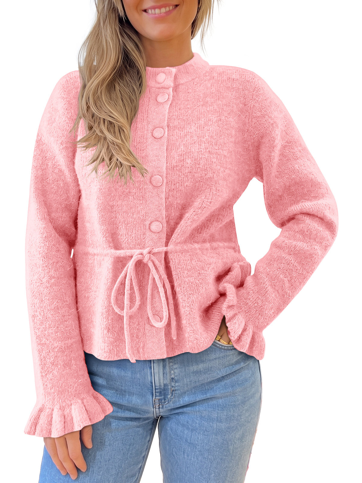 usvara Womens Ruffle Sleeve Button Tie Cardigans