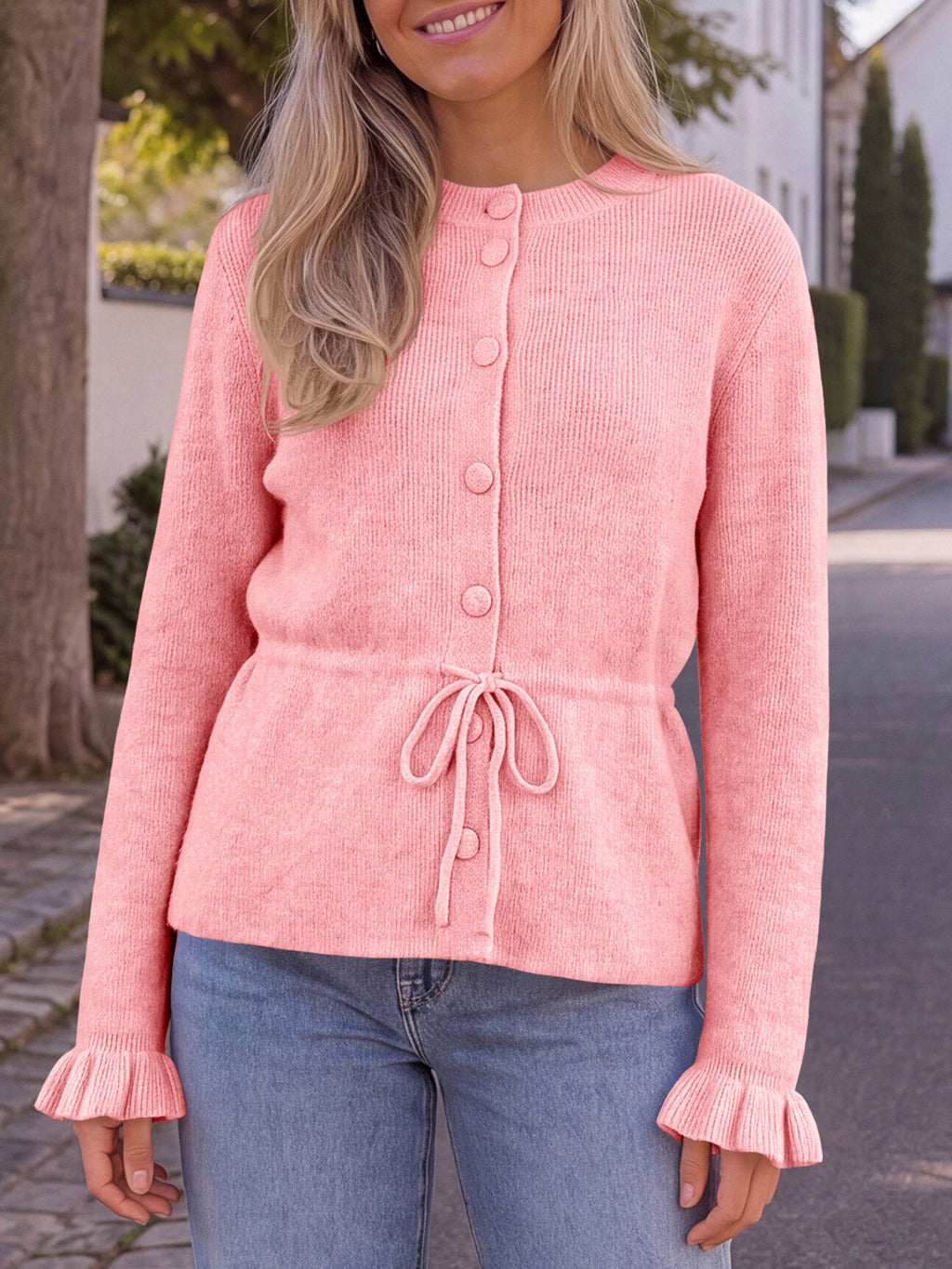 usvara Womens Ruffle Sleeve Button Tie Cardigans