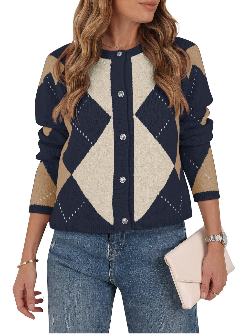 usvara Womens Argyle Crew Neck Knit Cardigan