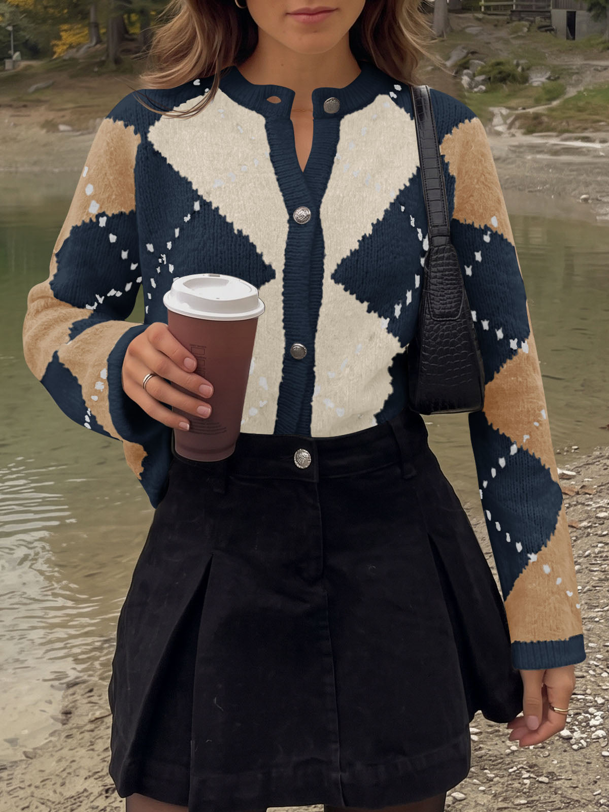 usvara Womens Argyle Crew Neck Knit Cardigan