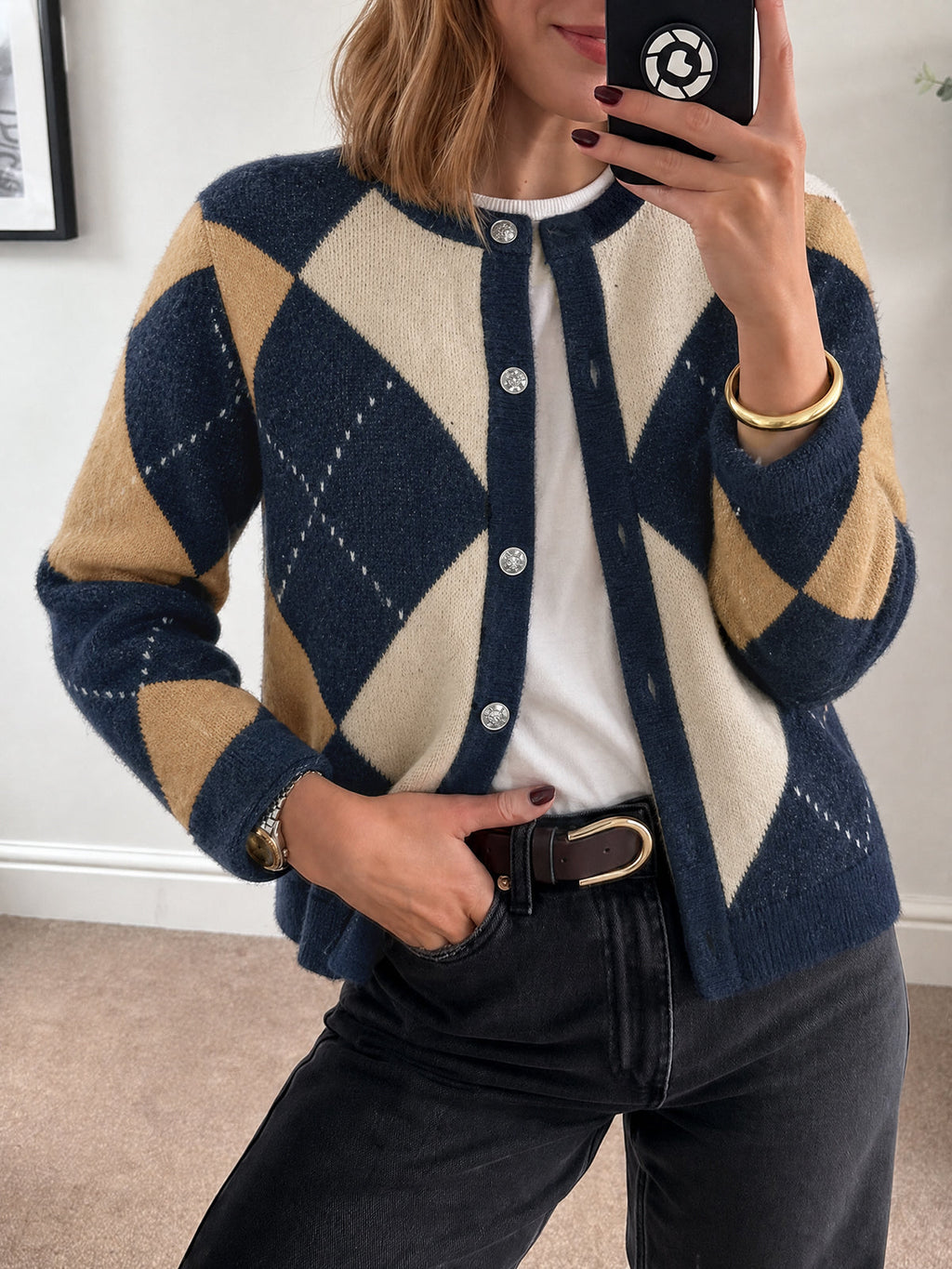 usvara Womens Argyle Crew Neck Knit Cardigan