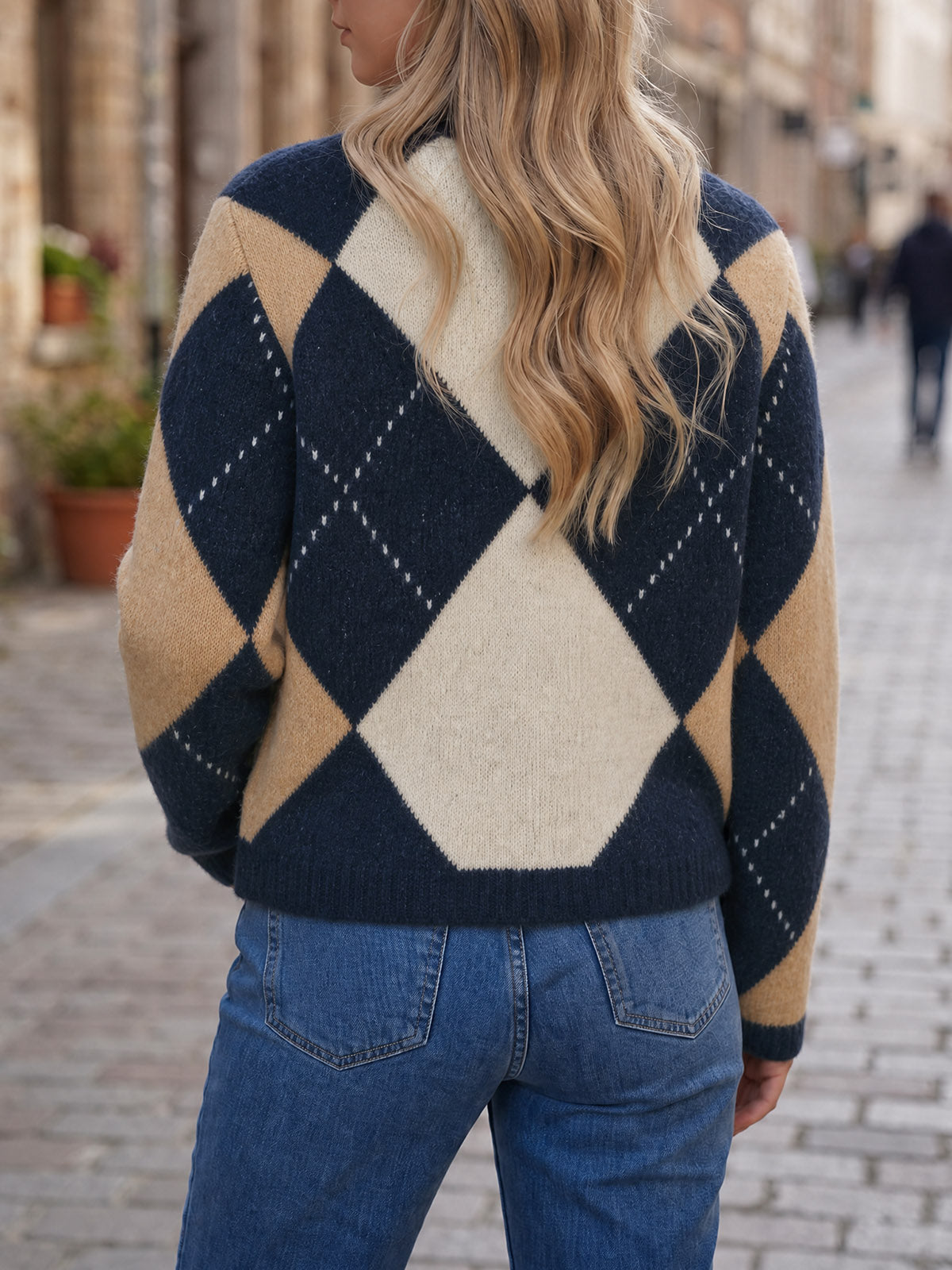 usvara Womens Argyle Crew Neck Knit Cardigan