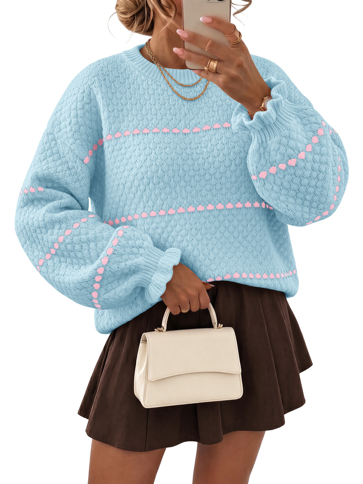 usvara Womens Heart Striped Ruffle Sweaters