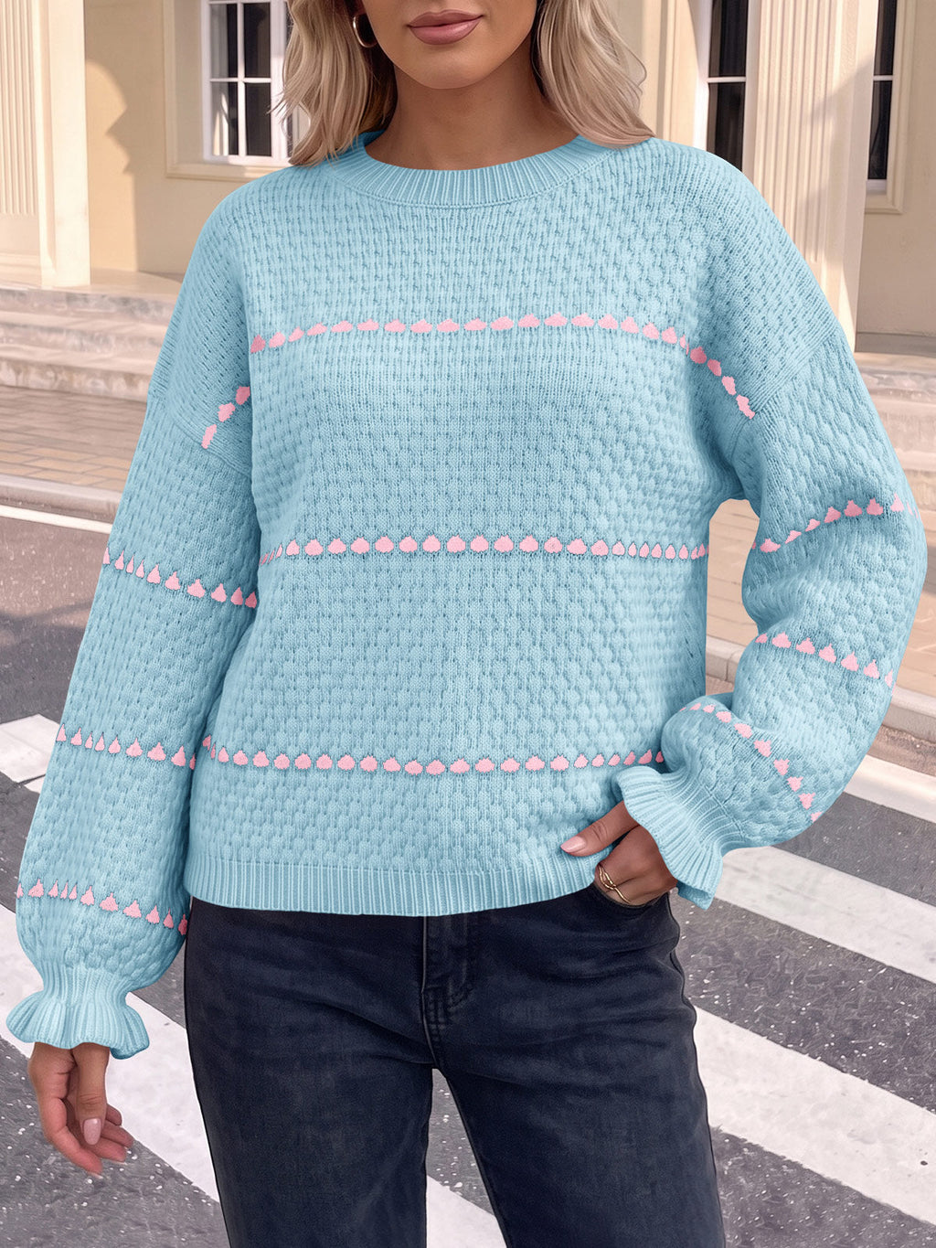usvara Womens Heart Striped Ruffle Sweaters