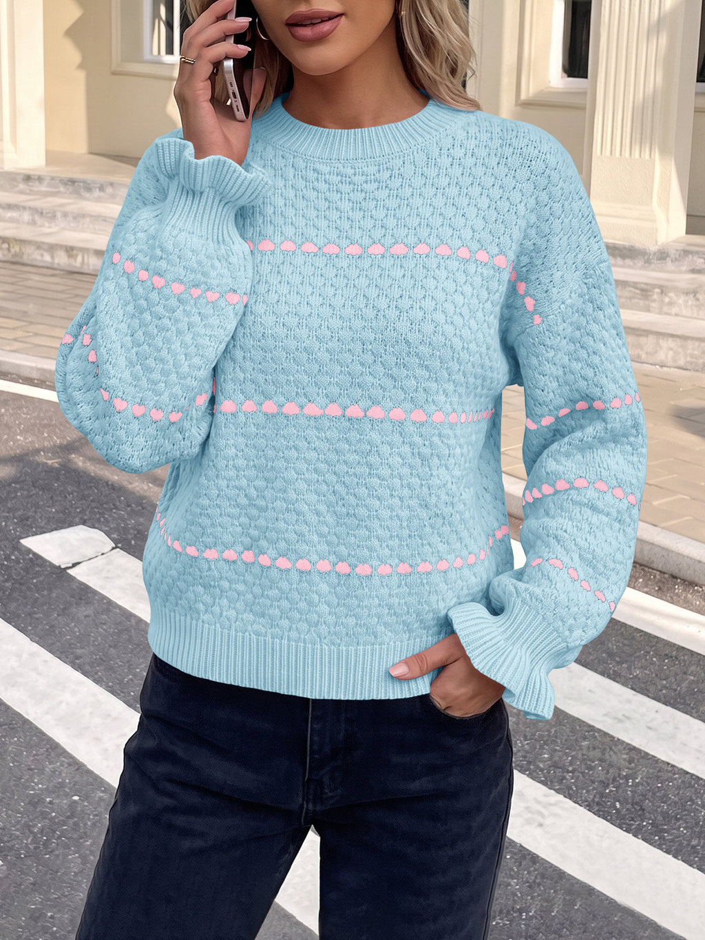 usvara Womens Heart Striped Ruffle Sweaters