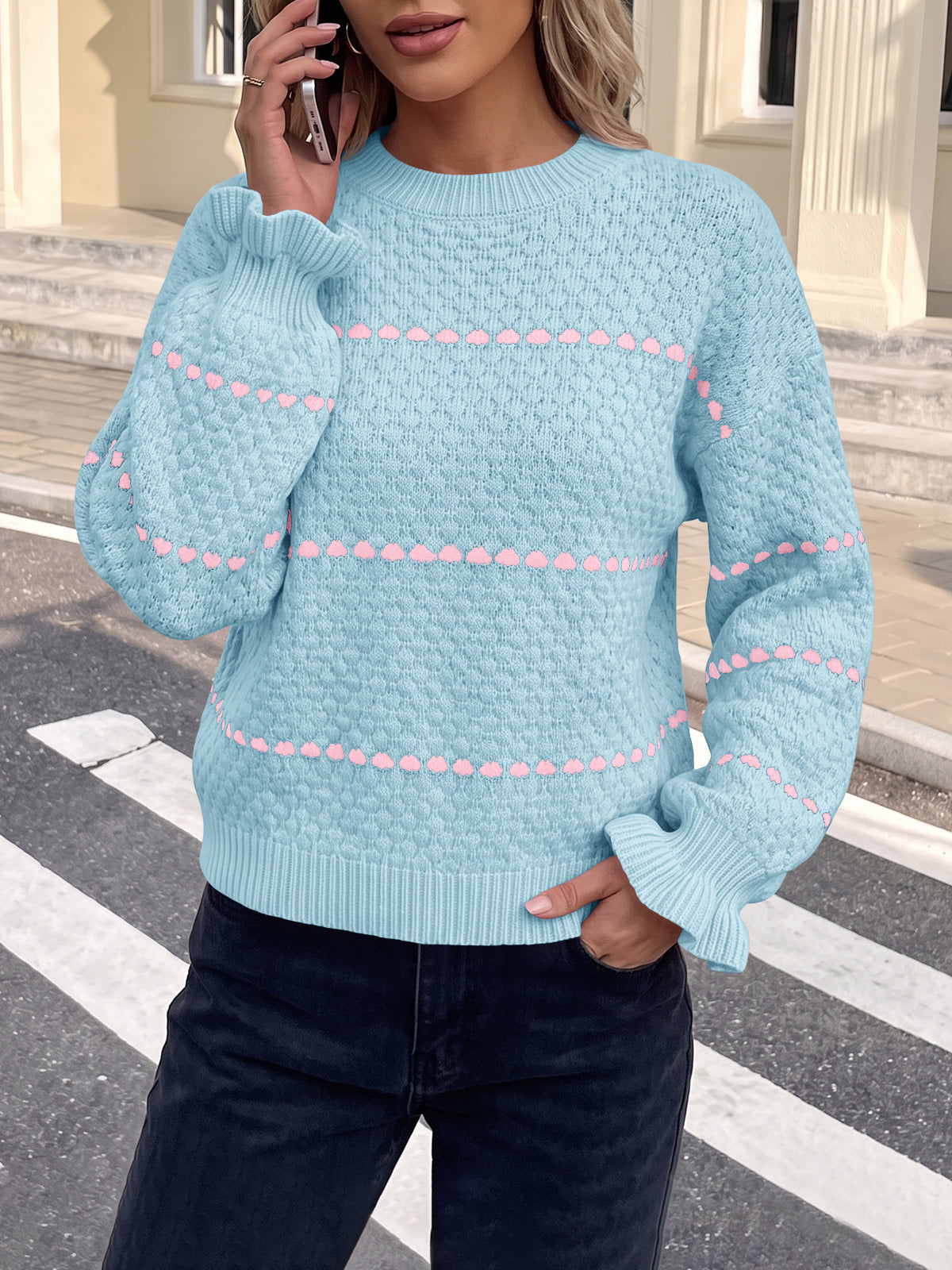 usvara Womens Heart Striped Ruffle Sweaters