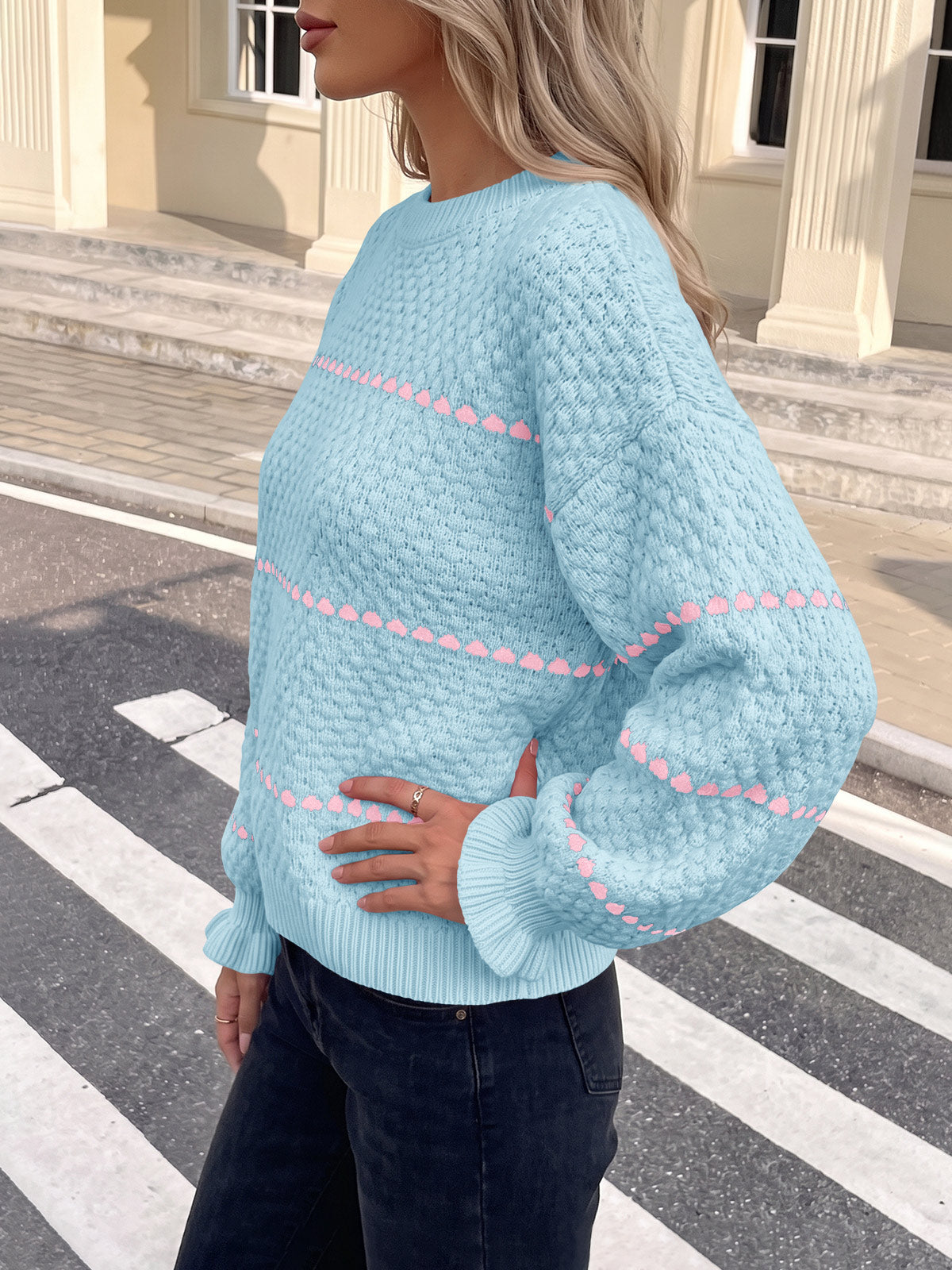 usvara Womens Heart Striped Ruffle Sweaters