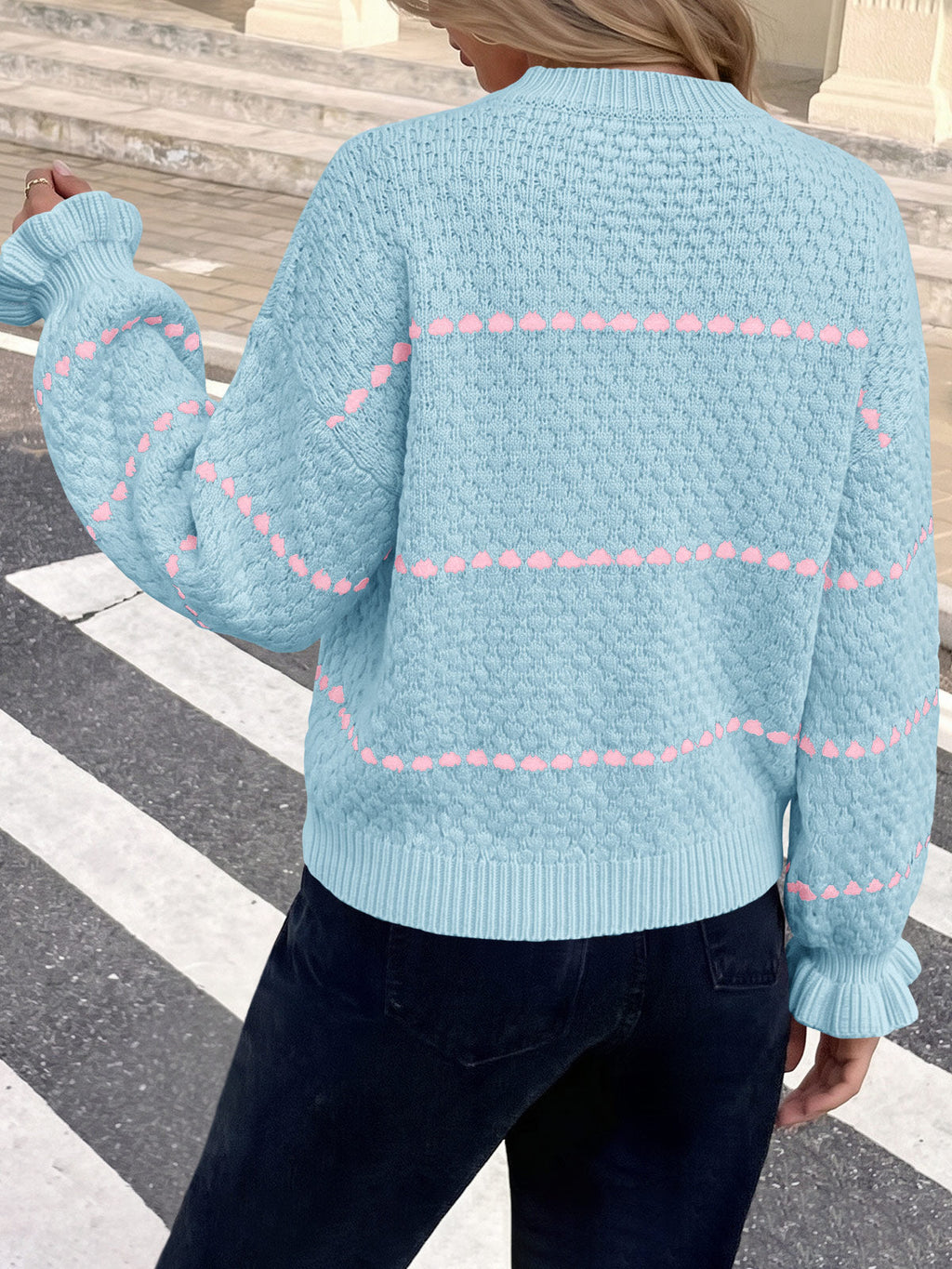 usvara Womens Heart Striped Ruffle Sweaters