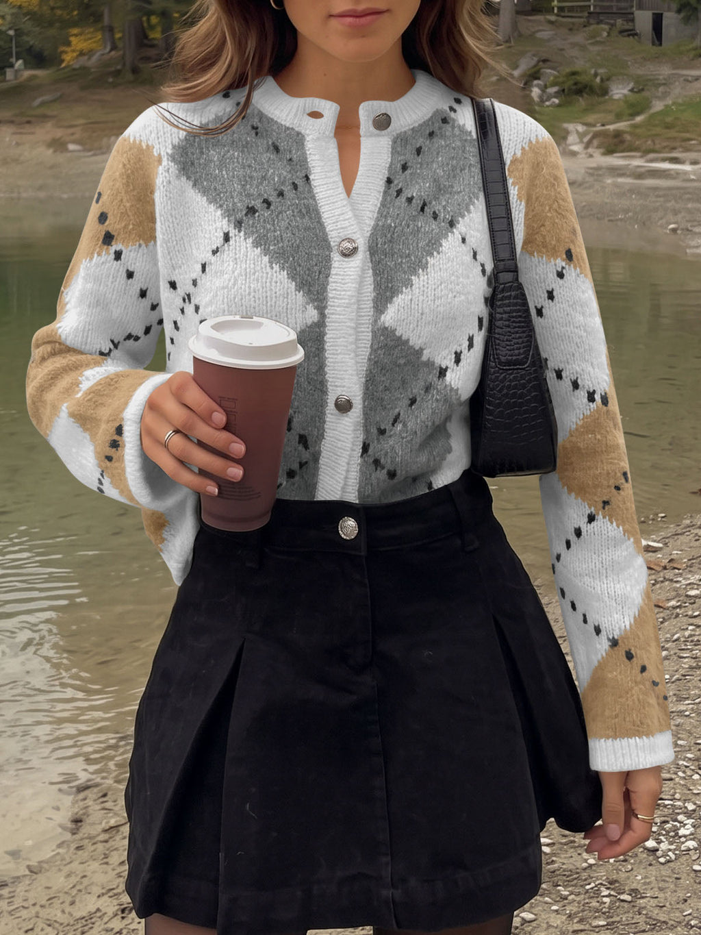usvara Womens Argyle Crew Neck Knit Cardigan