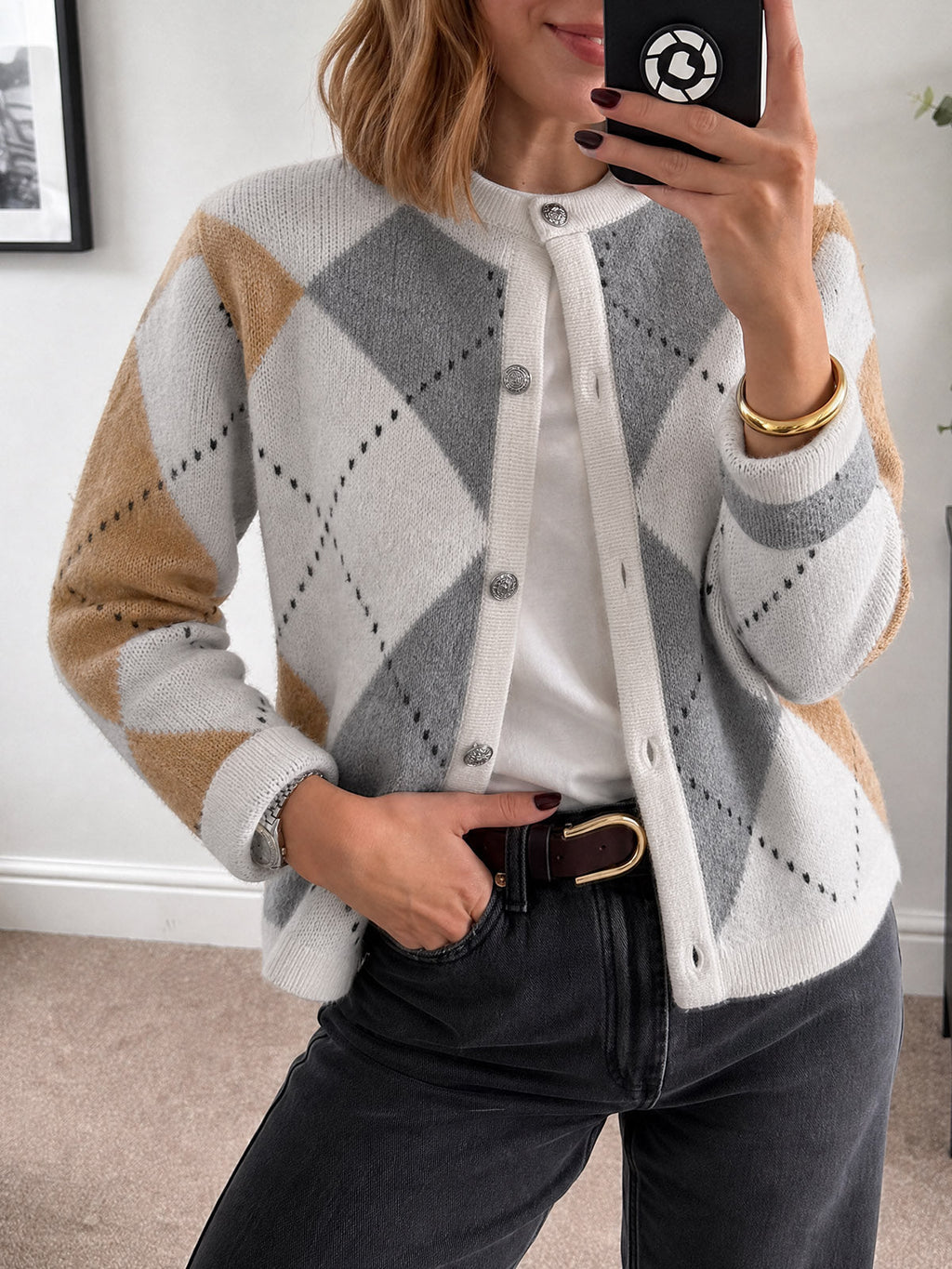 usvara Womens Argyle Crew Neck Knit Cardigan