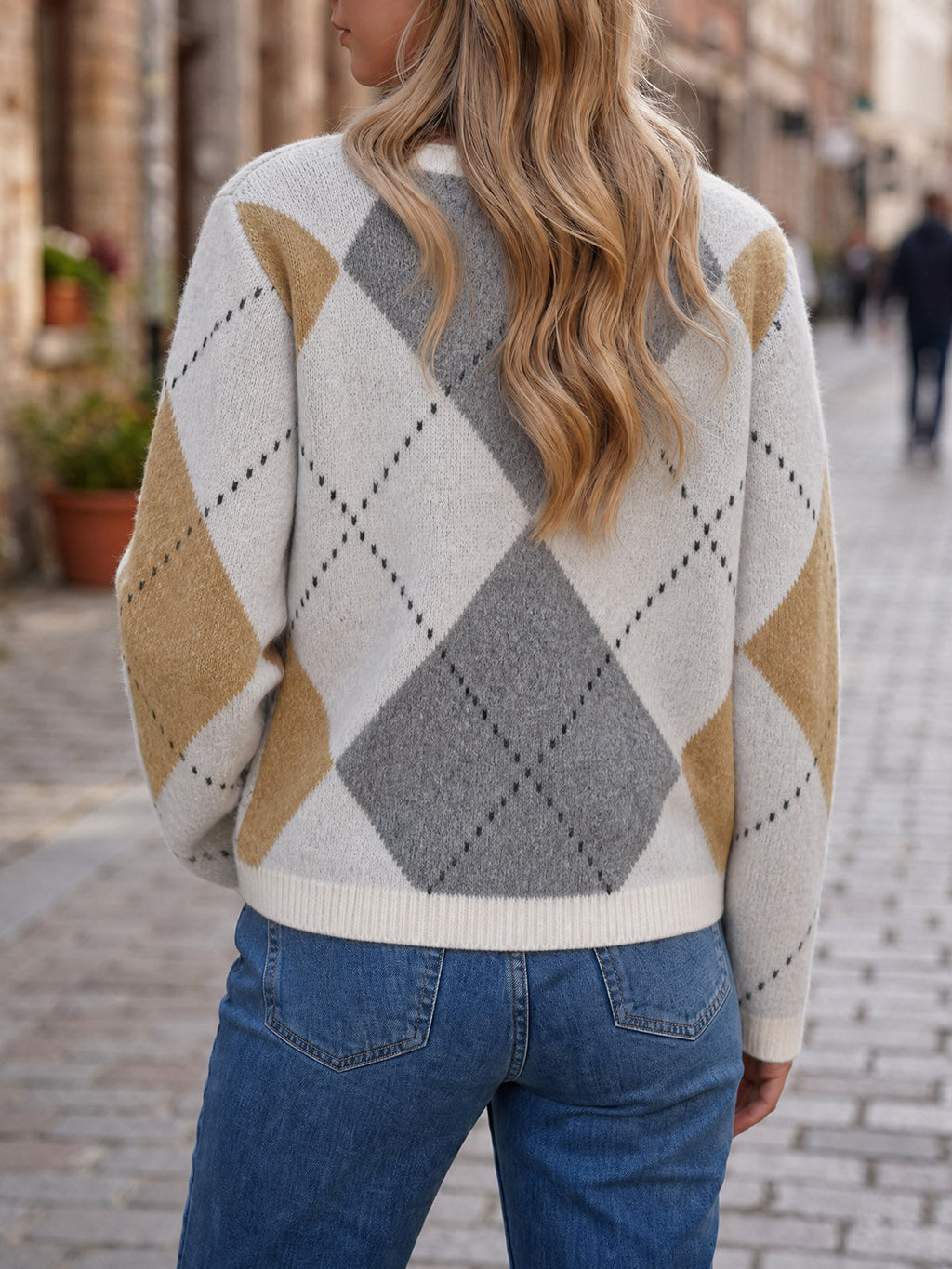 usvara Womens Argyle Crew Neck Knit Cardigan