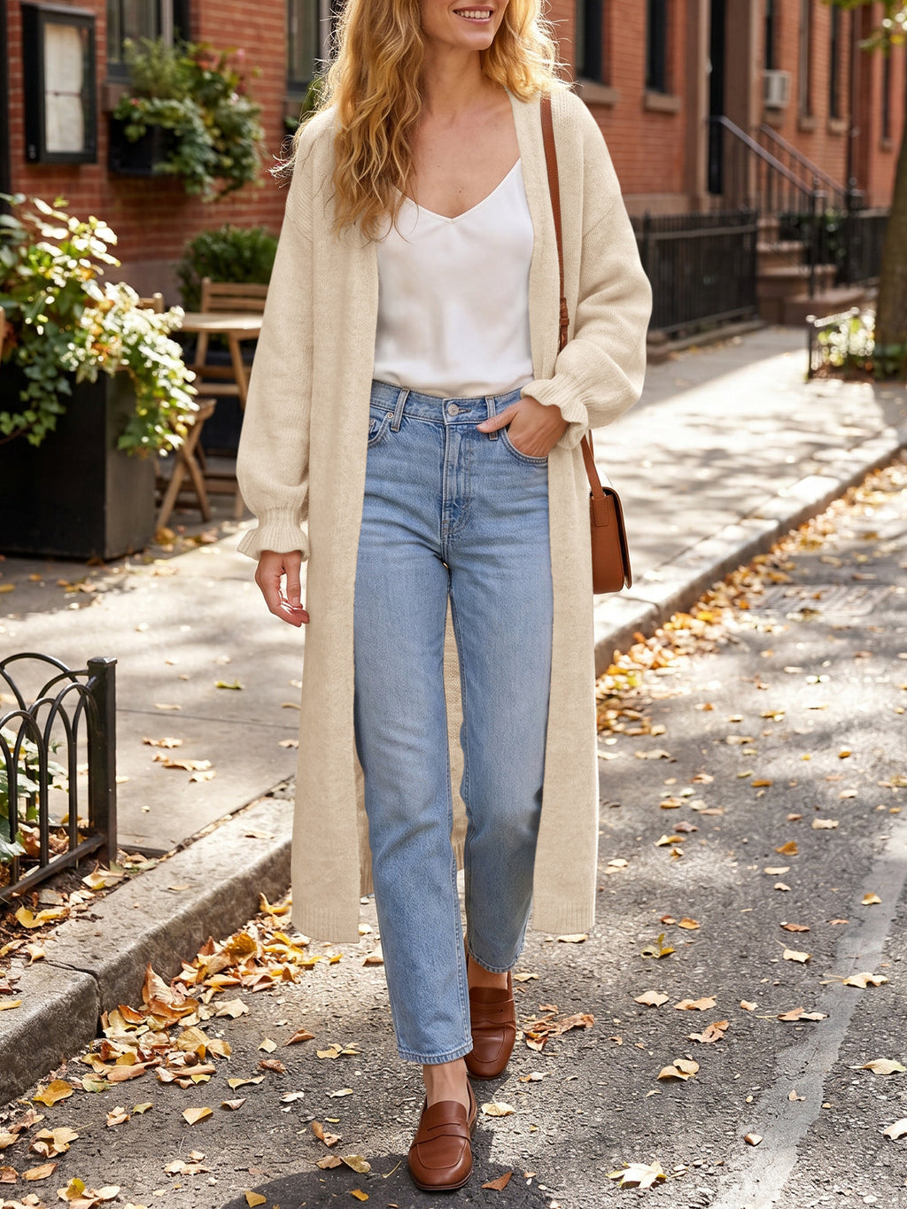 usvara Womens Ruffle Long Knit Cardigan
