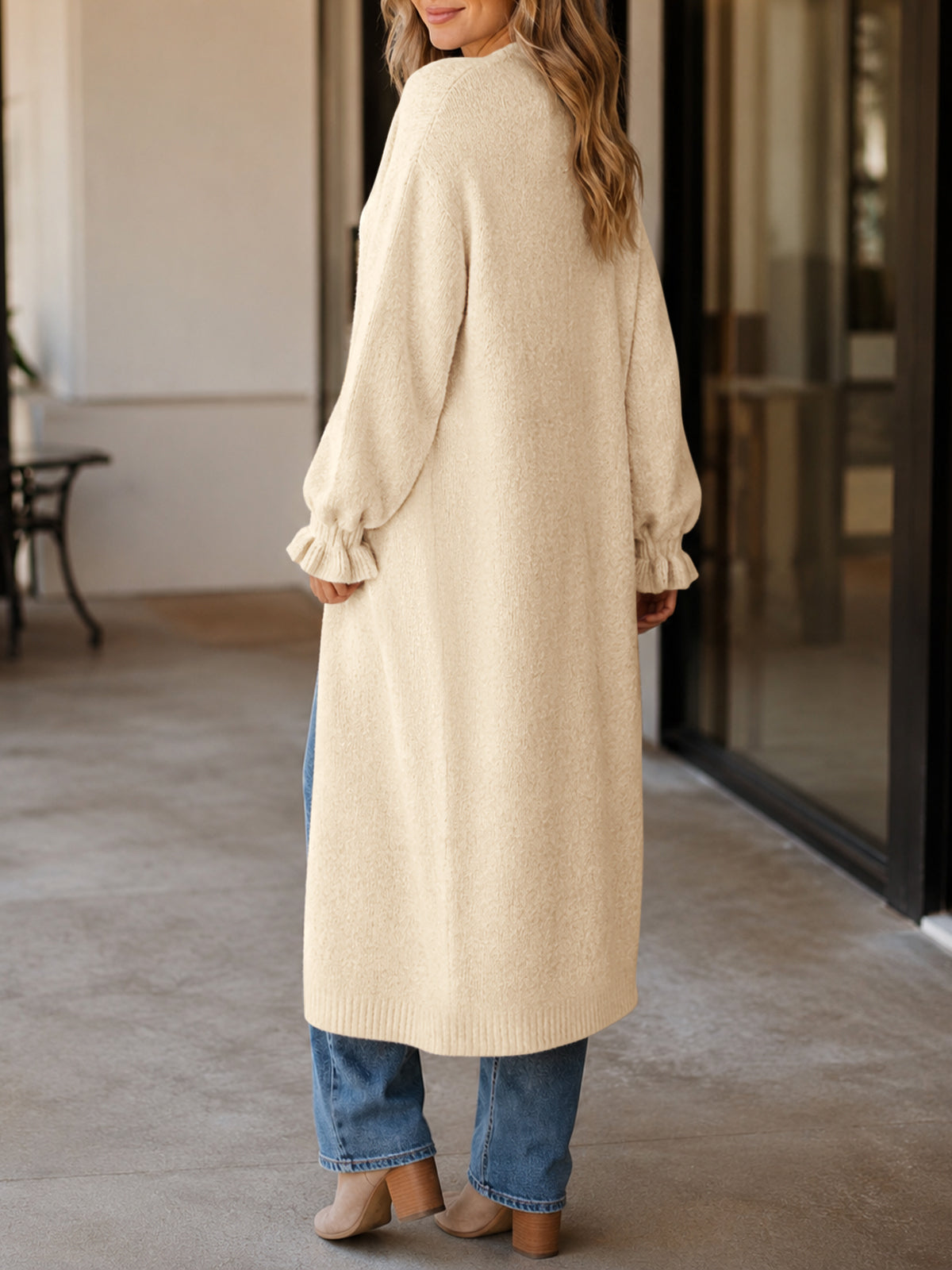 usvara Womens Ruffle Long Knit Cardigan