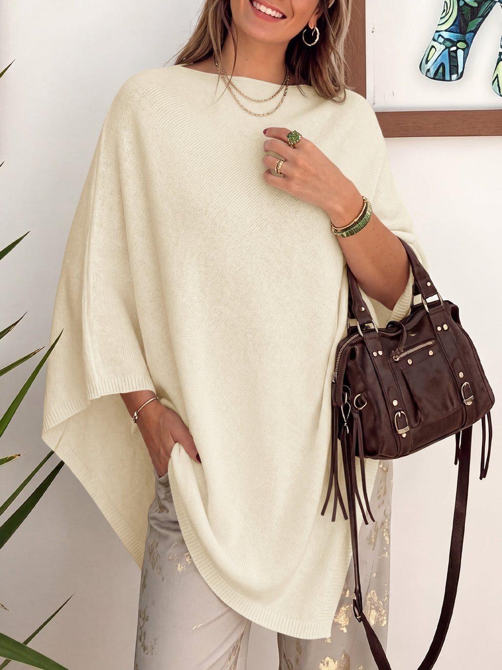 usvara Women Poncho Boat Neck Knit Sweater
