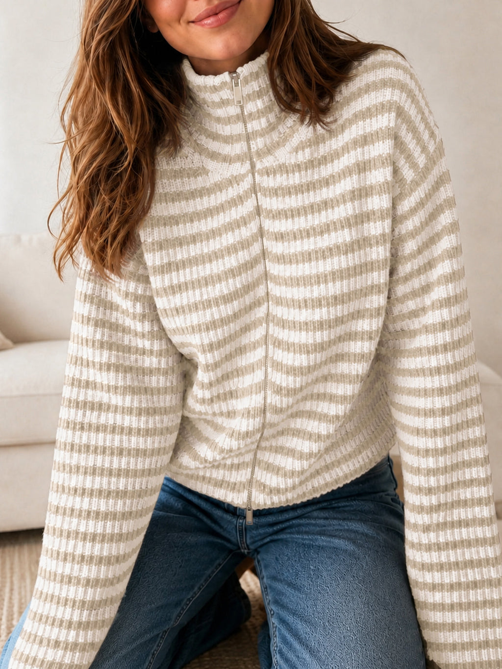 usvara Womens Striped Zip Knit Cardigan