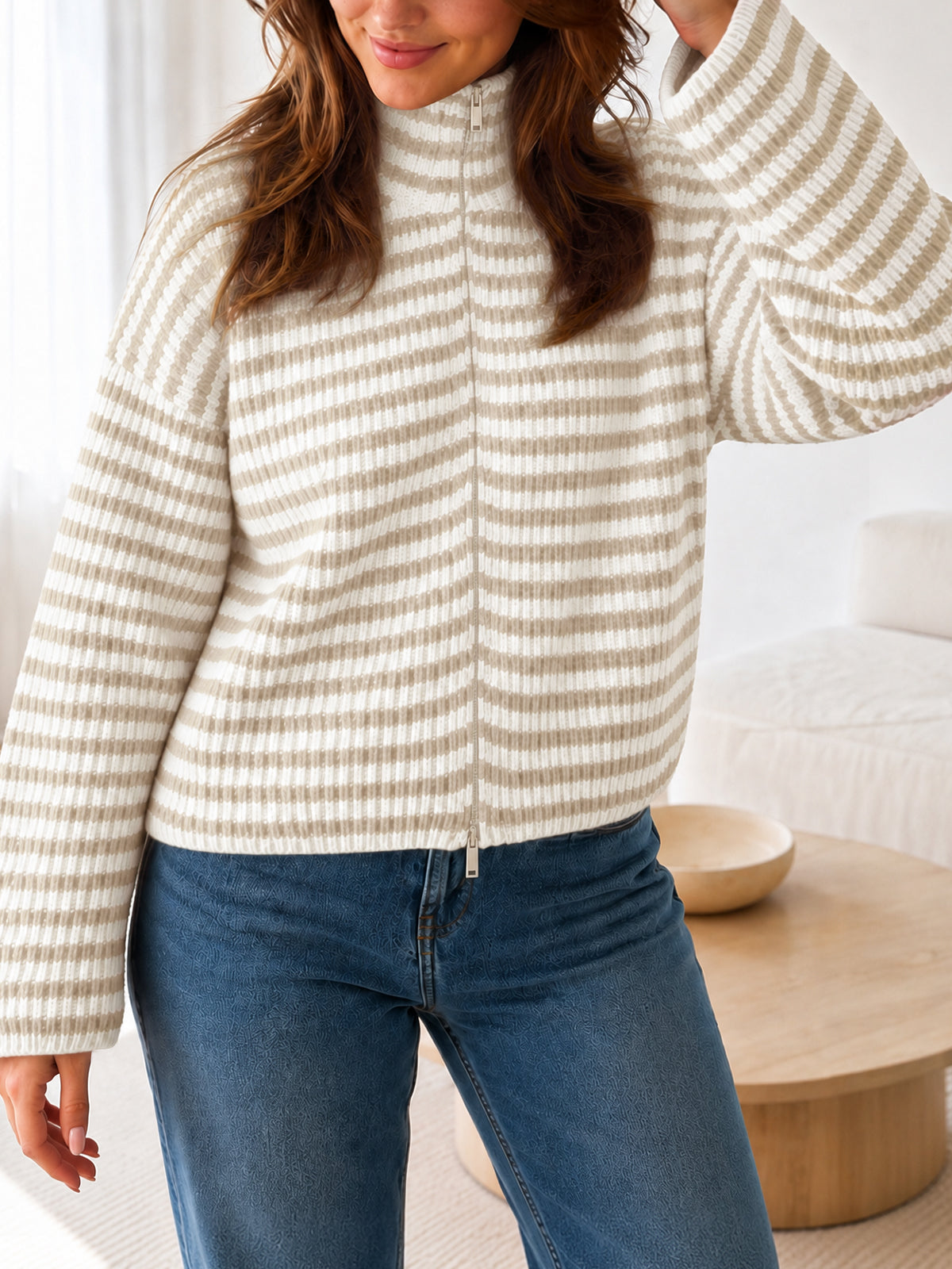 usvara Womens Striped Zip Knit Cardigan