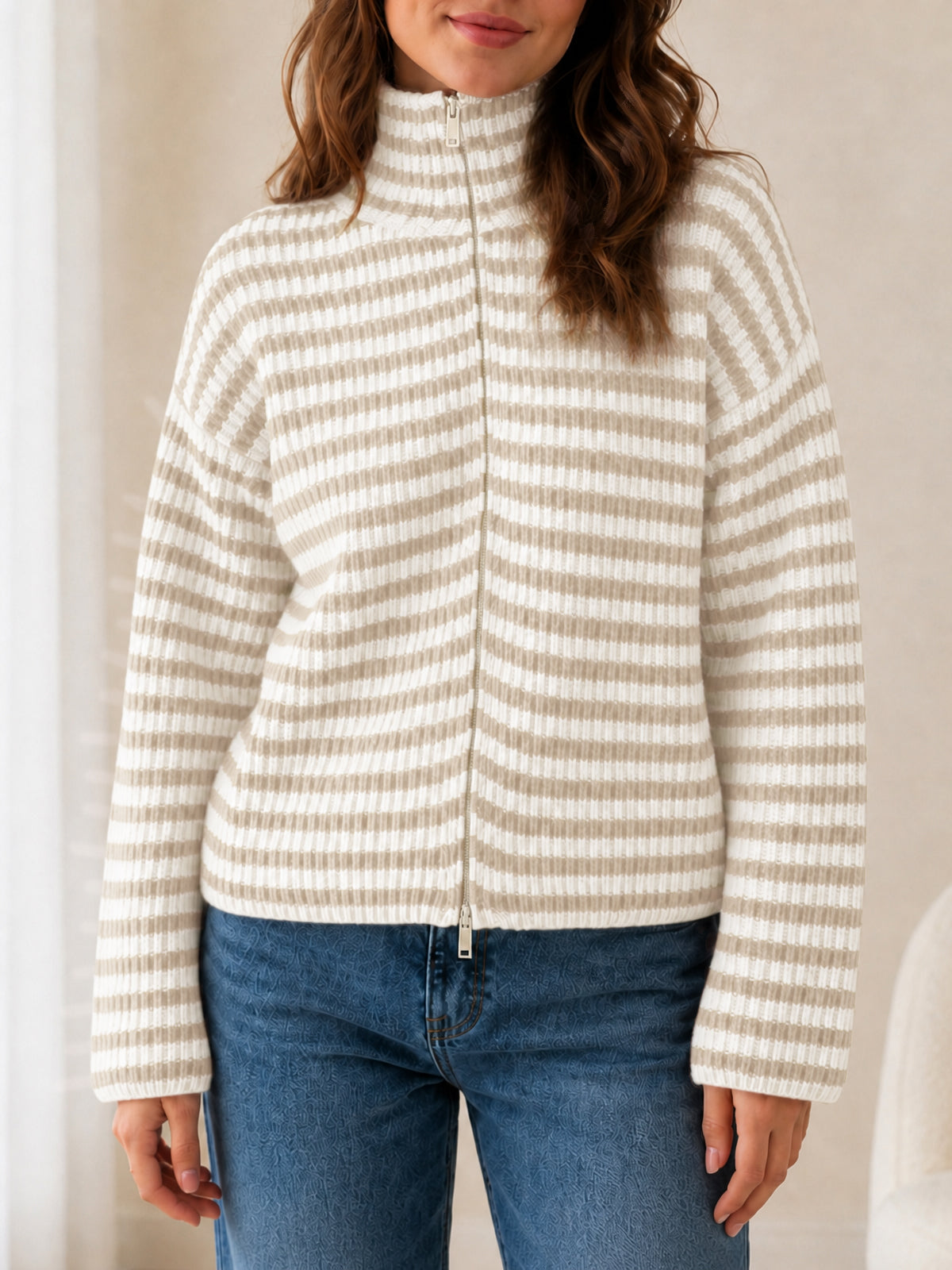 usvara Womens Striped Zip Knit Cardigan